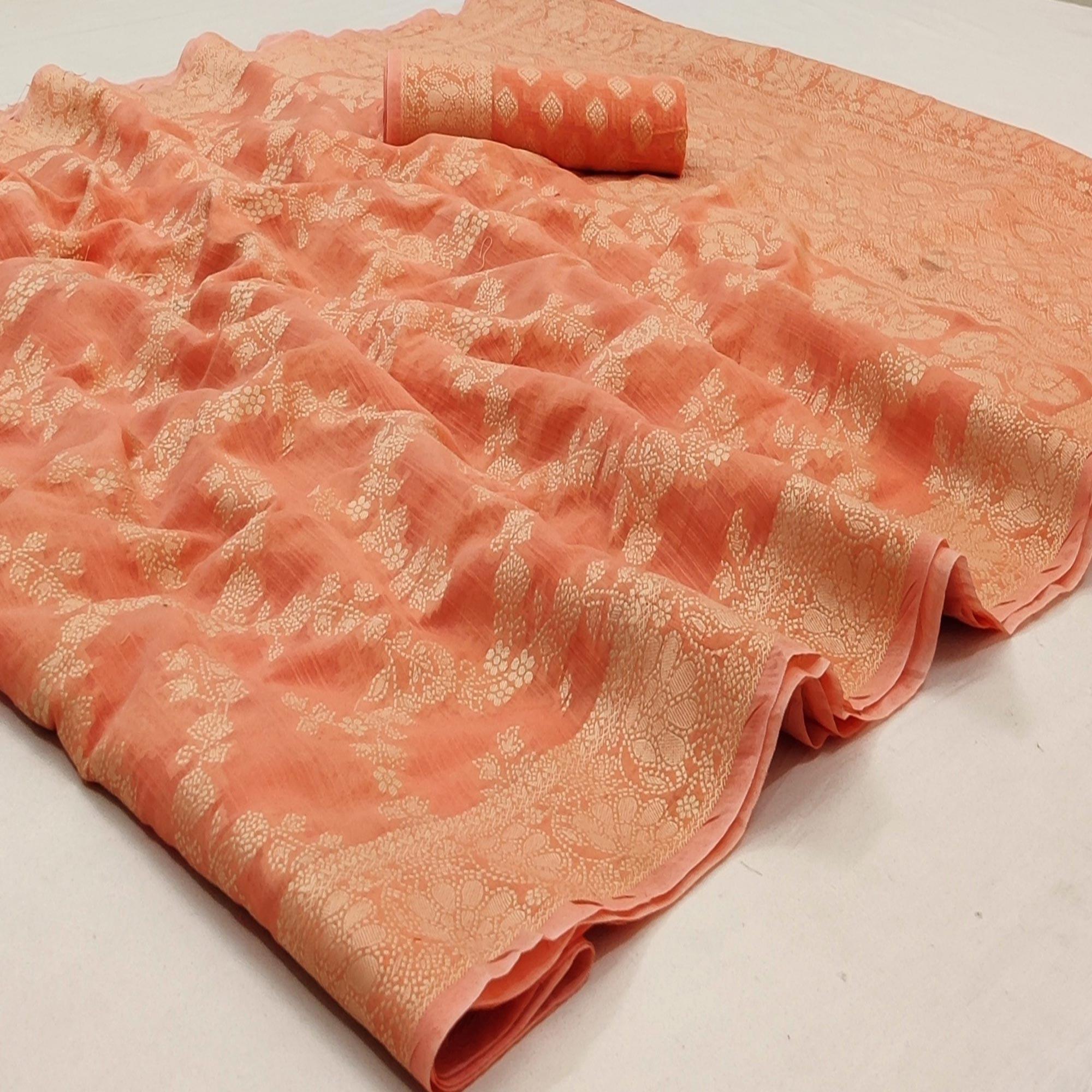 Peach Festive Wear Woven Cotton Saree - Peachmode