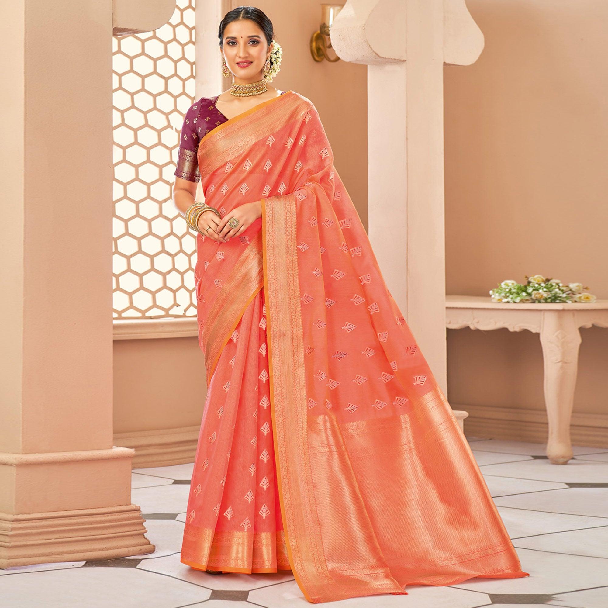 Peach Festive Wear Woven Cotton Saree - Peachmode