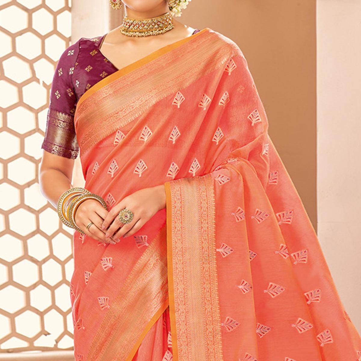 Peach Festive Wear Woven Cotton Saree - Peachmode