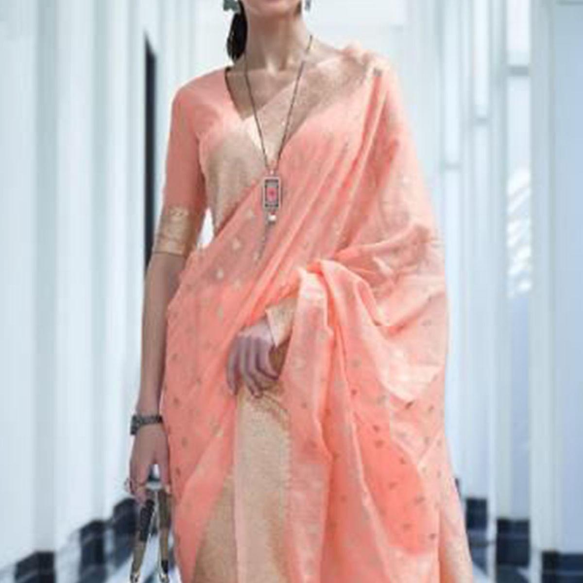 Peach Festive Wear Woven Cotton Saree - Peachmode