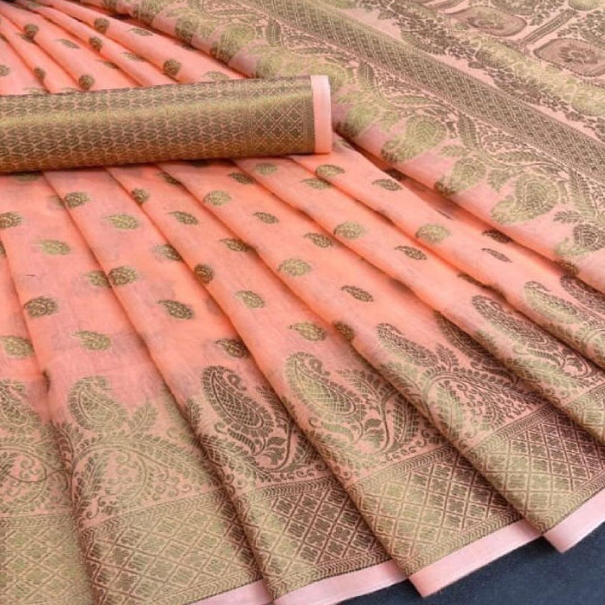 Peach Festive Wear Woven Cotton Saree With Zari Border - Peachmode