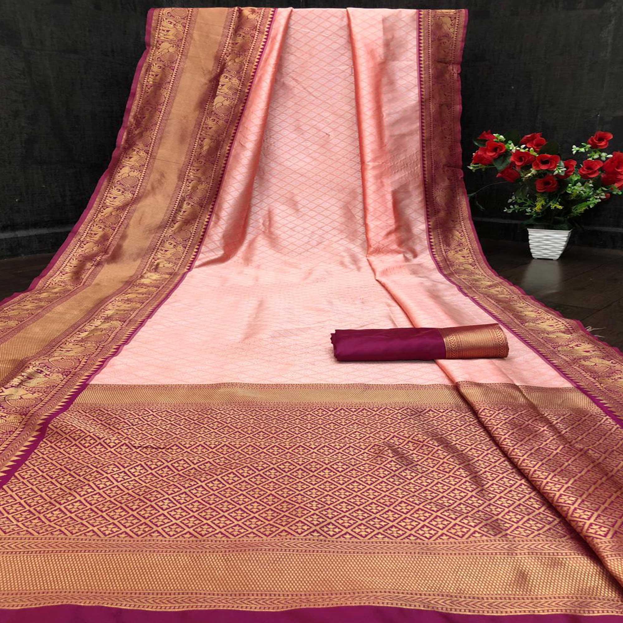 Peach Festive Wear Woven Designer Border Soft Lichi Silk Saree - Peachmode