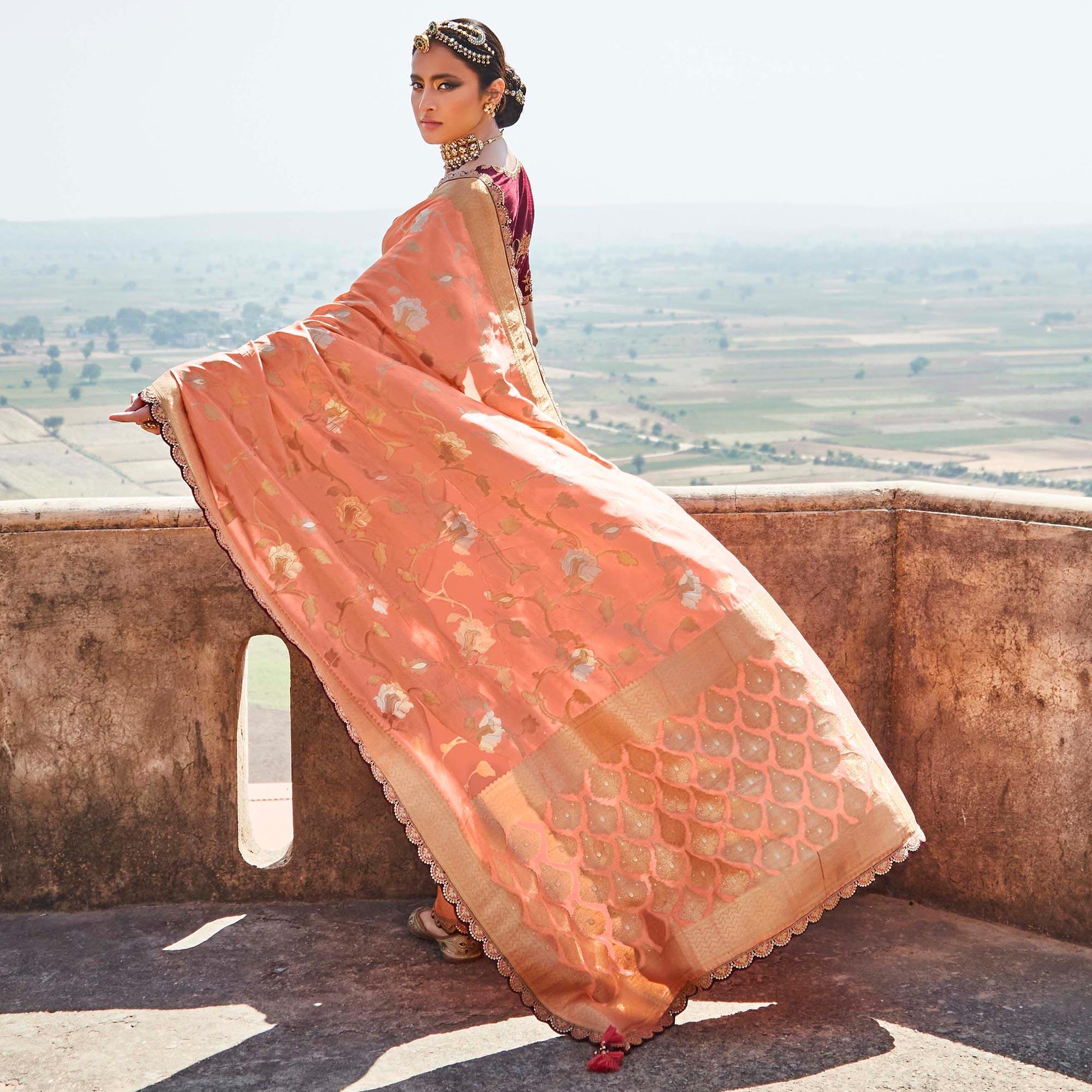 Peach Festive Wear Woven Dola Silk Saree - Peachmode