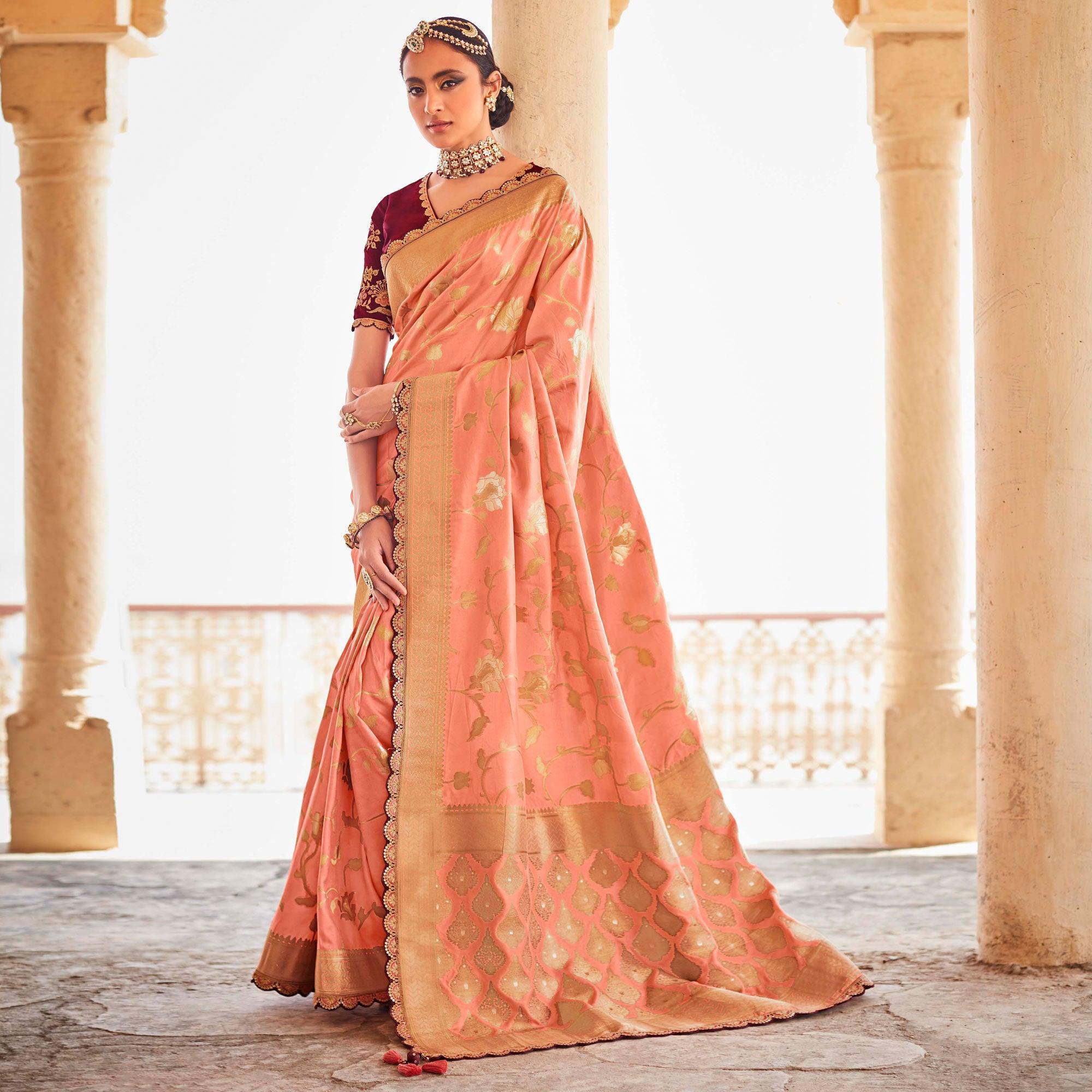 Peach Festive Wear Woven Dola Silk Saree - Peachmode