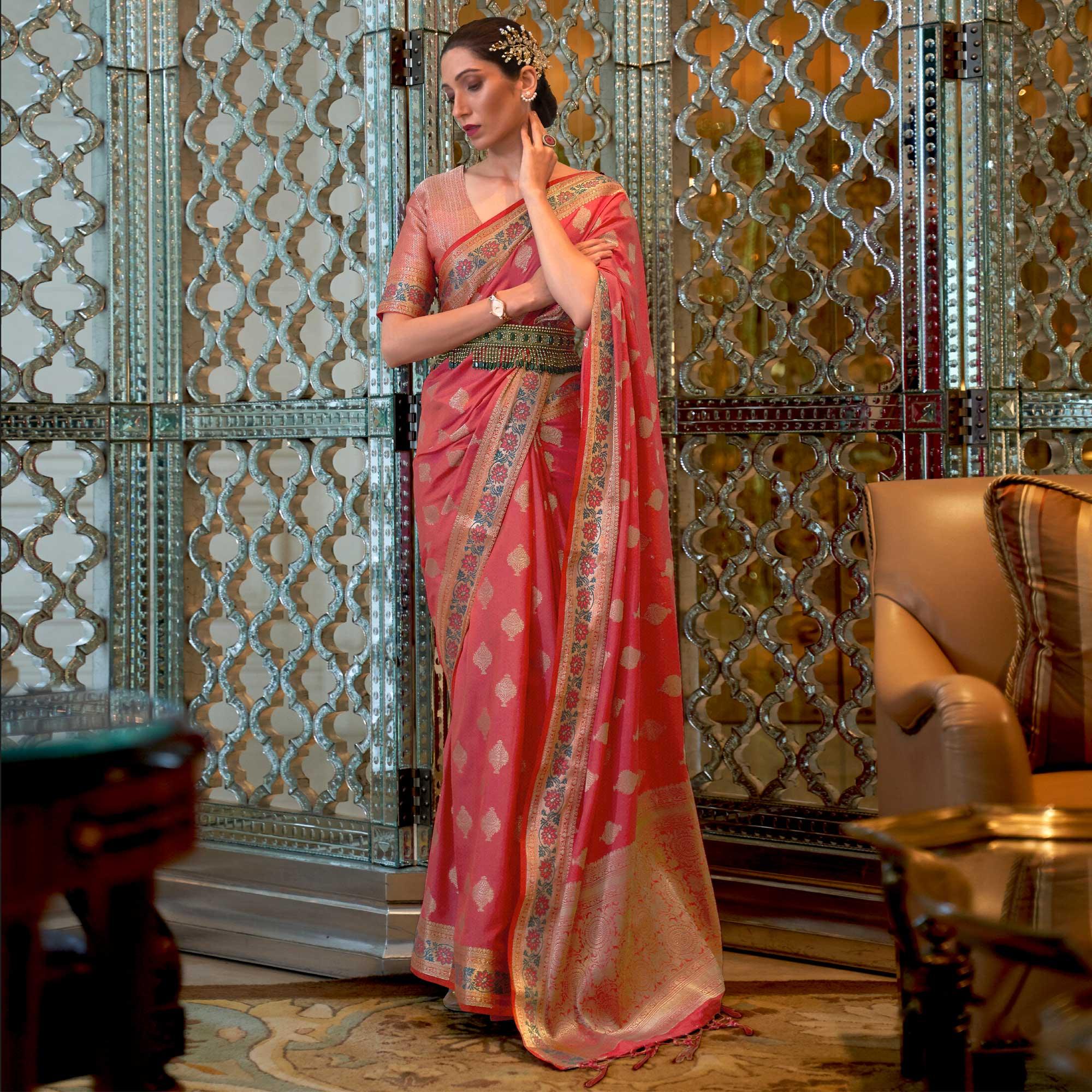 Peach Festive Wear Woven Handloom Silk Saree - Peachmode