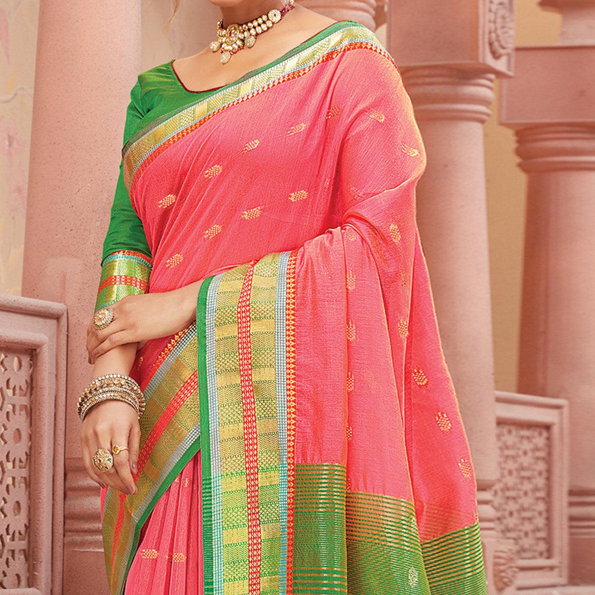 Peach Festive Wear Woven Handloom Silk Saree - Peachmode