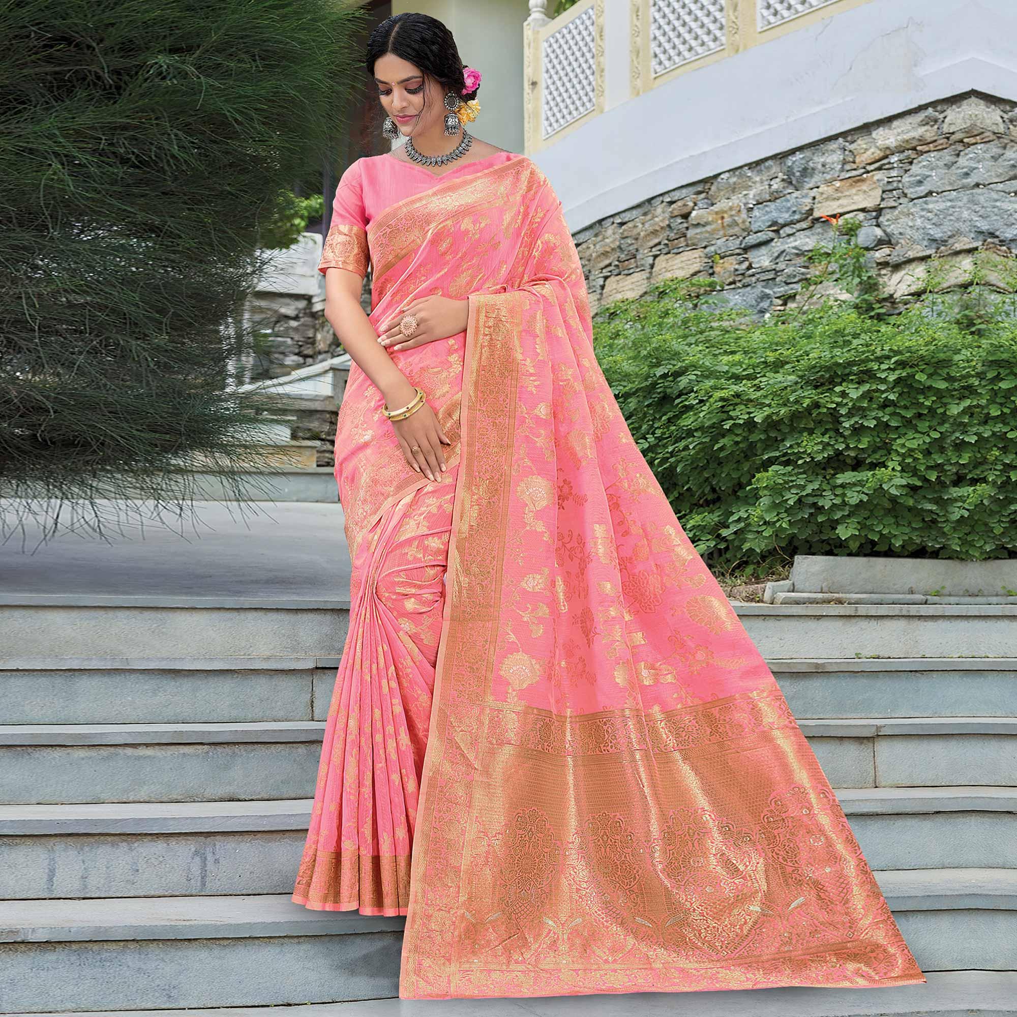 Peach Festive Wear Woven Linen Saree - Peachmode