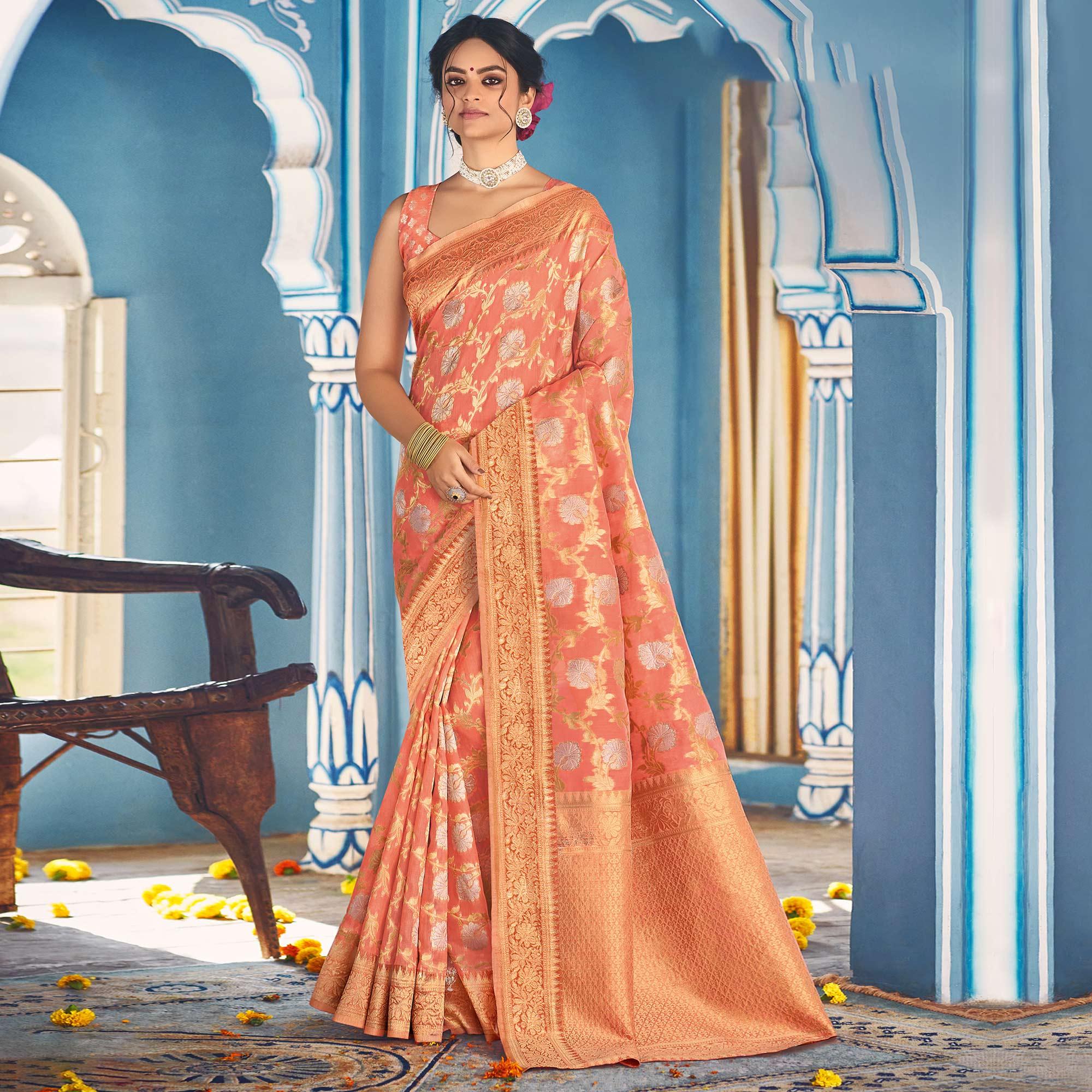 Peach Festive Wear Woven Linen Saree - Peachmode
