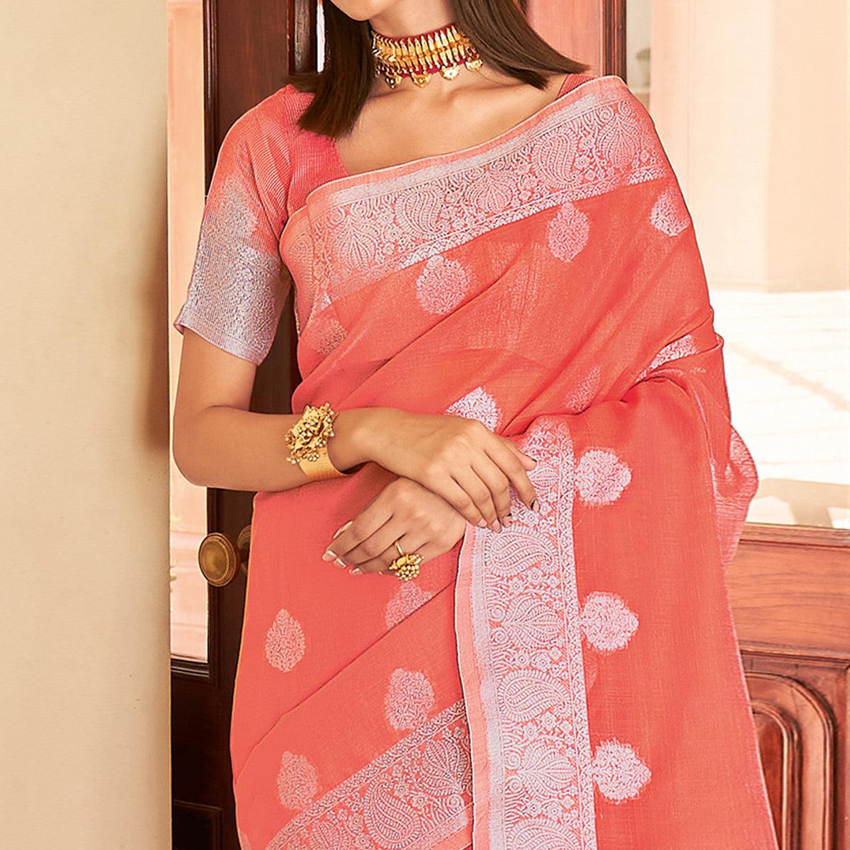 Peach Festive Wear Woven Linen Saree - Peachmode