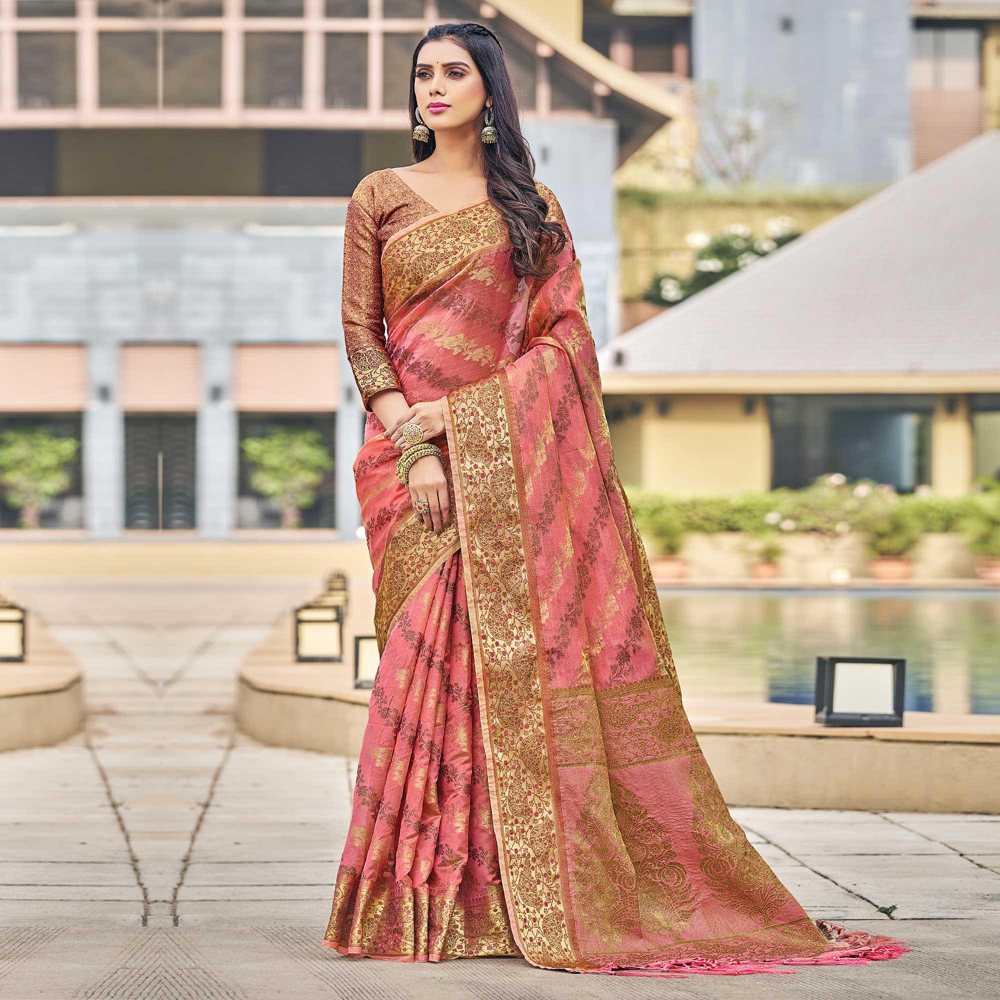 Peach Festive Wear Woven Organza Saree - Peachmode