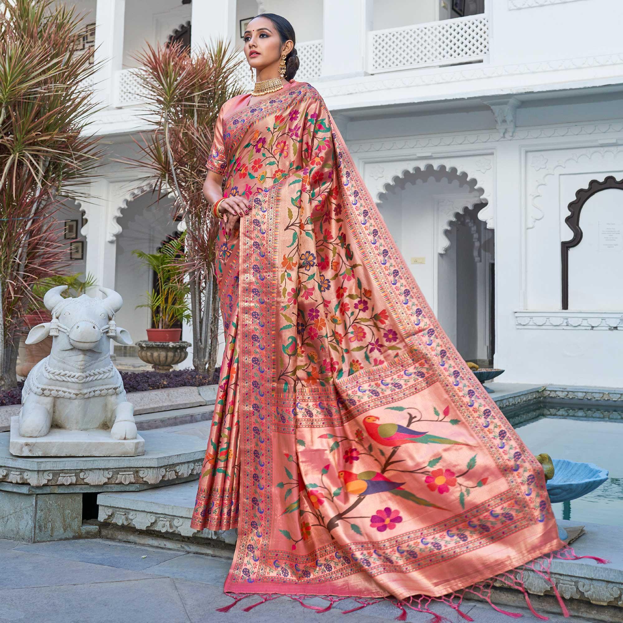 Peach Festive Wear Woven Pure Paithani Silk Saree - Peachmode
