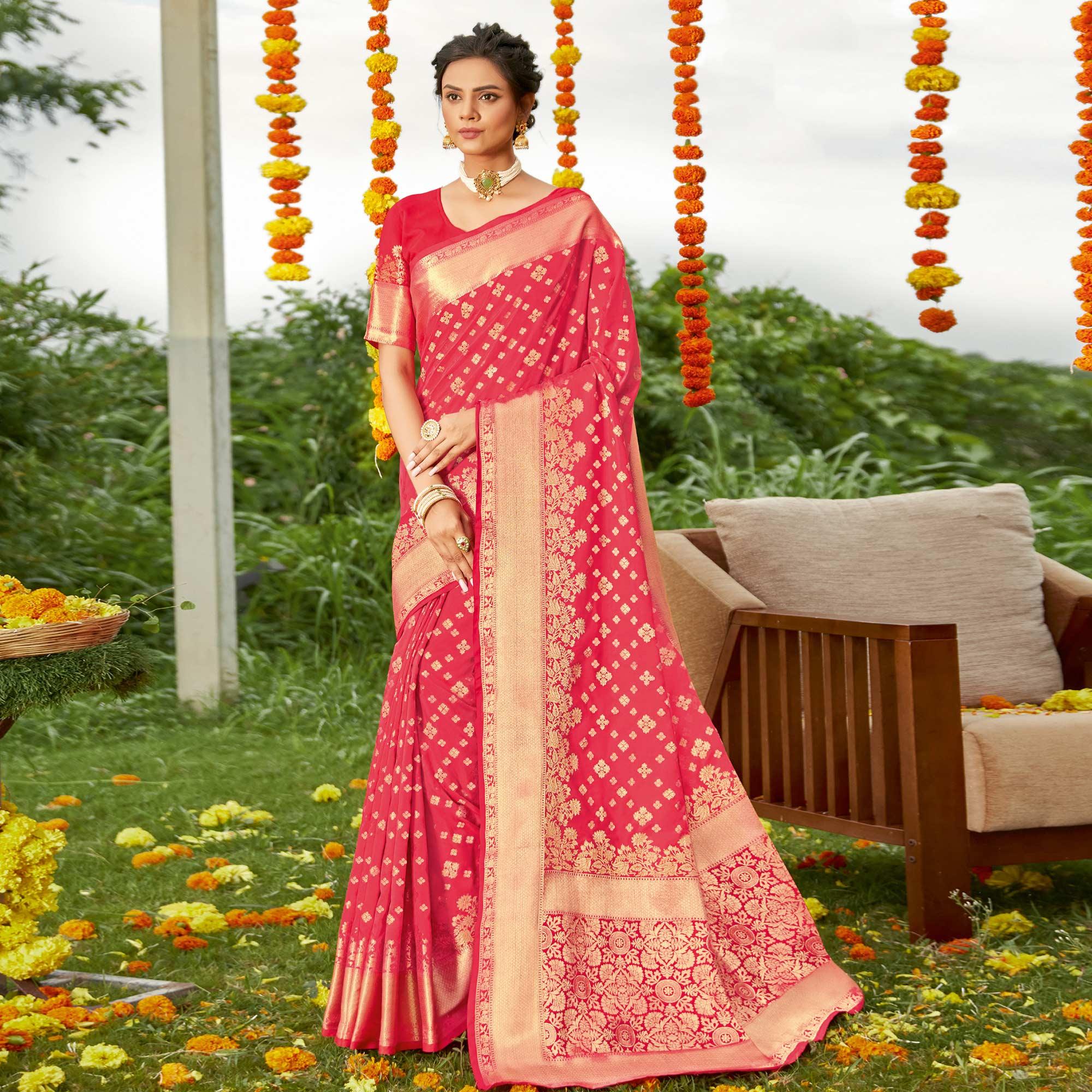 Peach Festive Wear Woven Silk Saree - Peachmode