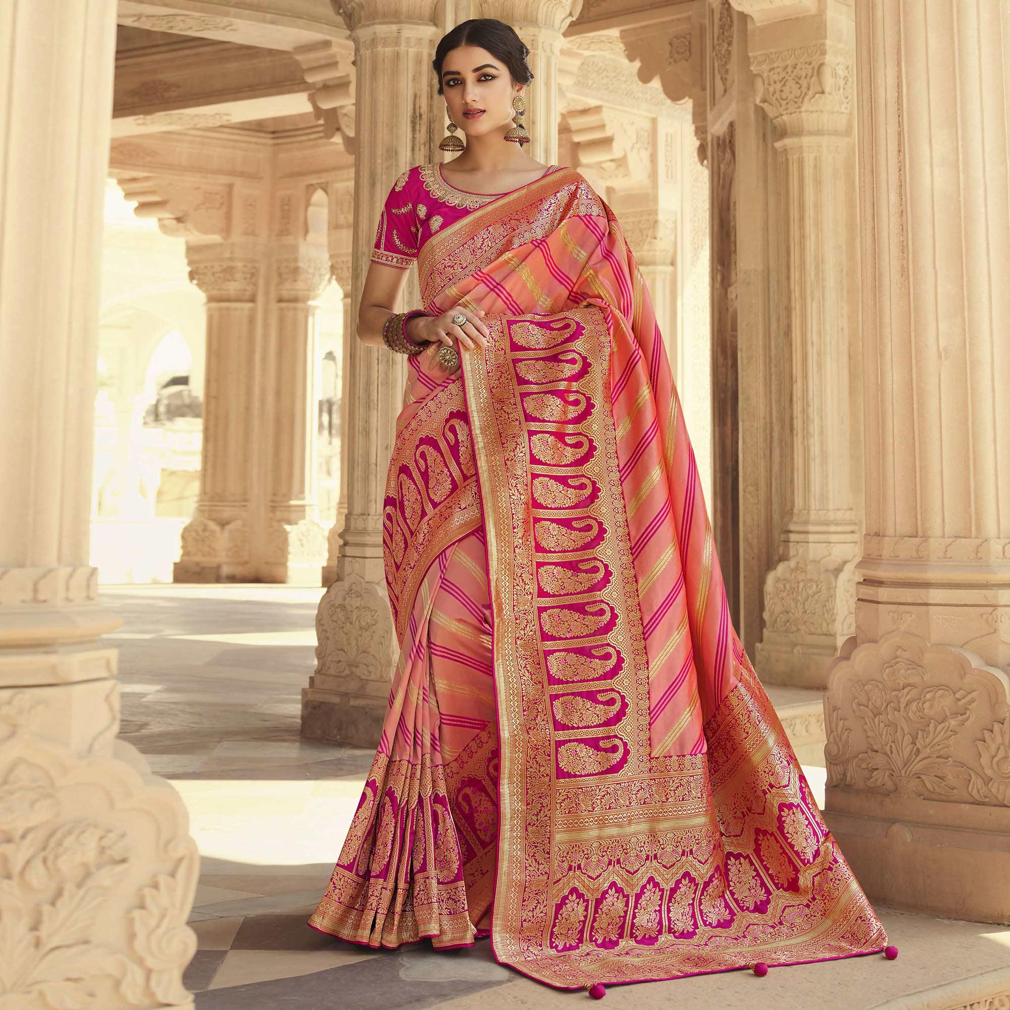 Peach Festive Wear Woven Silk Saree - Peachmode