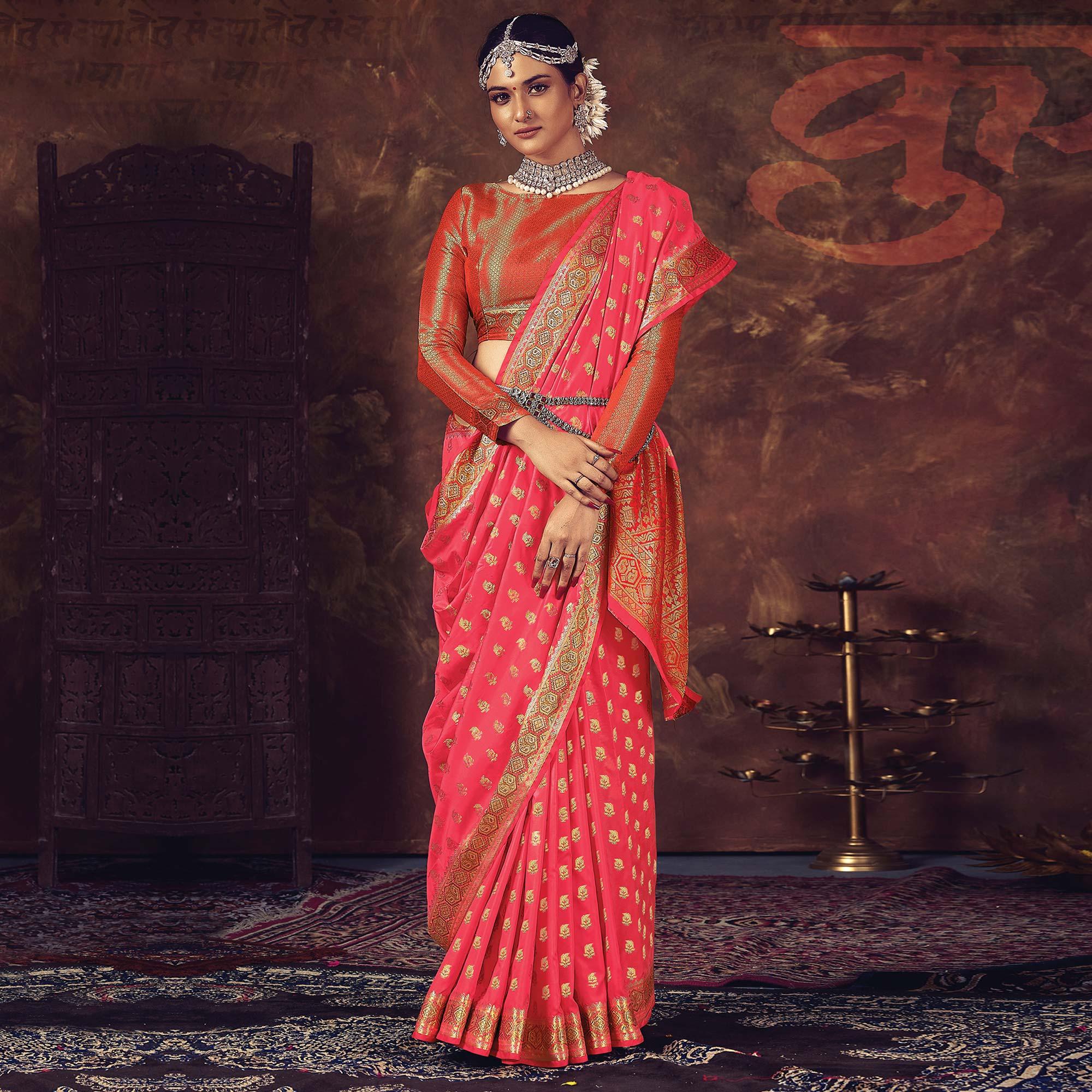 Peach Festive Wear Woven Silk Saree - Peachmode