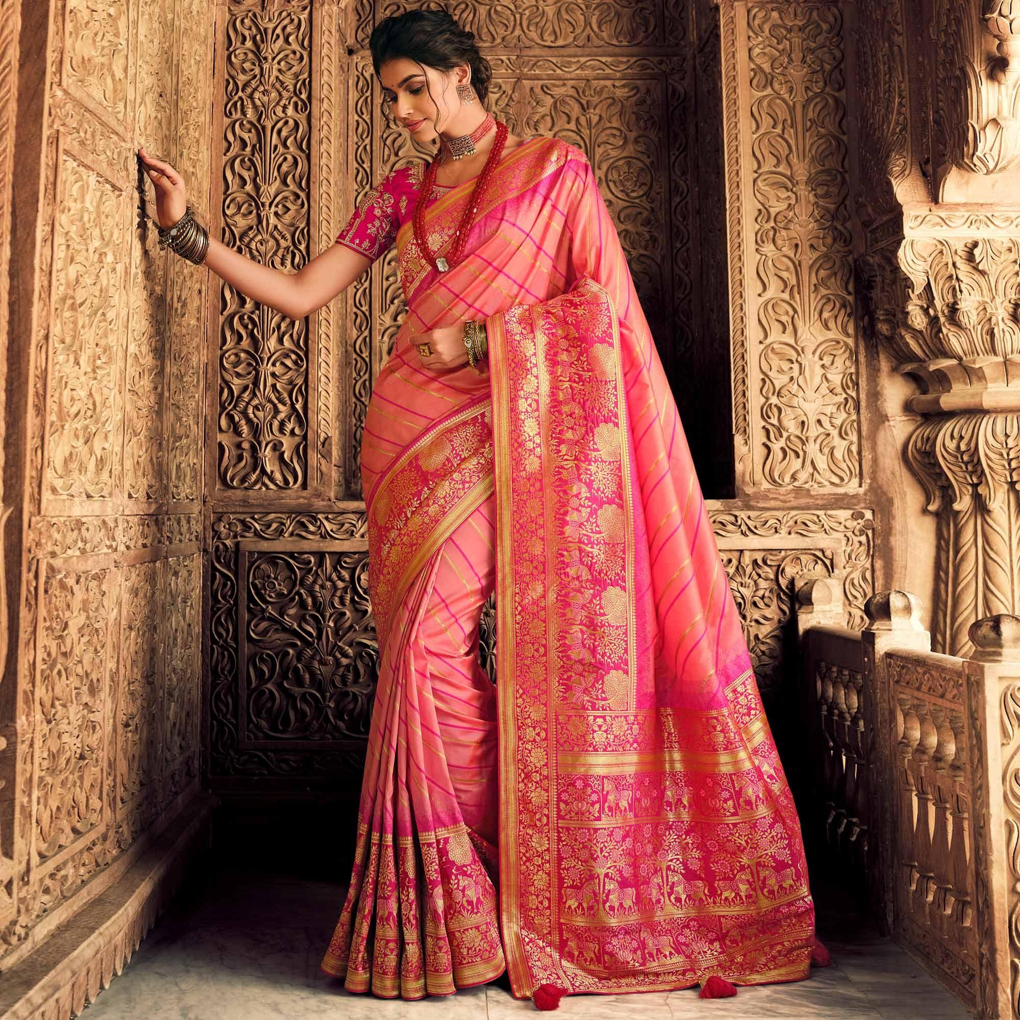 Peach Festive Wear Woven Silk Saree - Peachmode