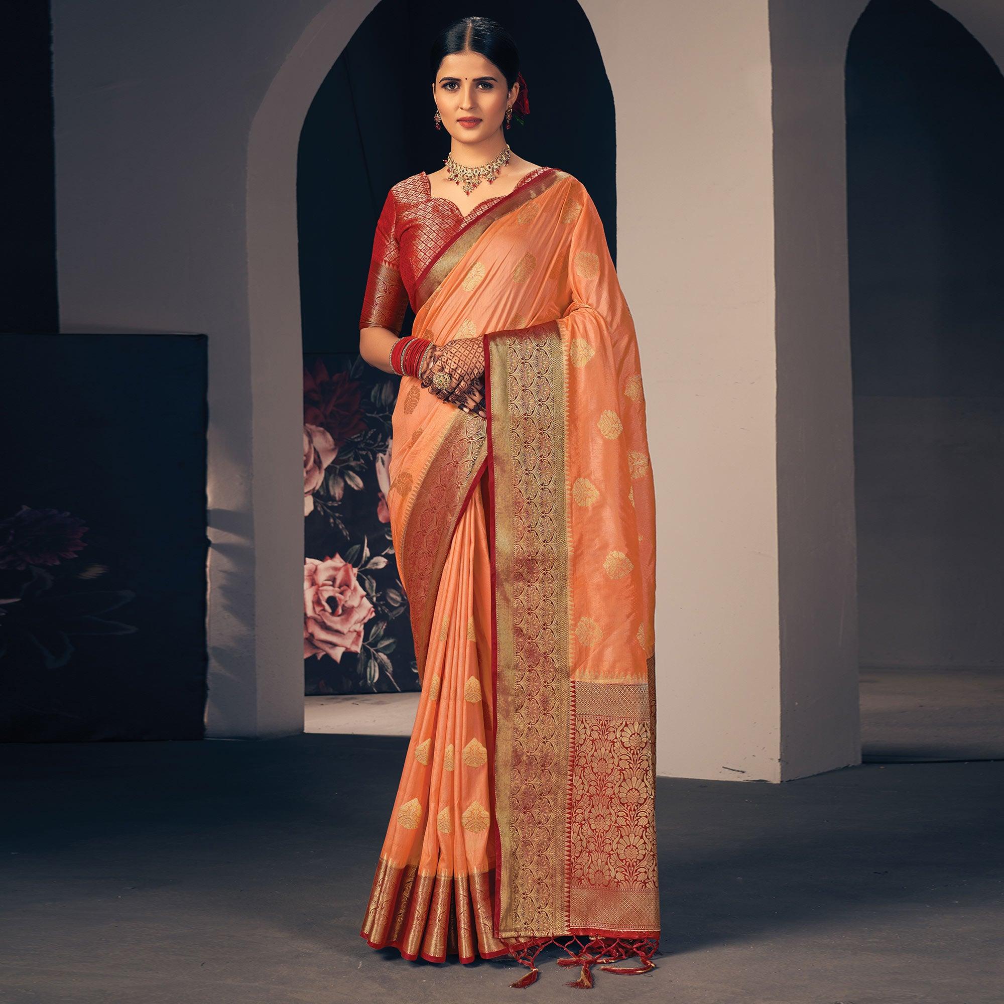 Peach Festive Wear Woven Silk Saree - Peachmode