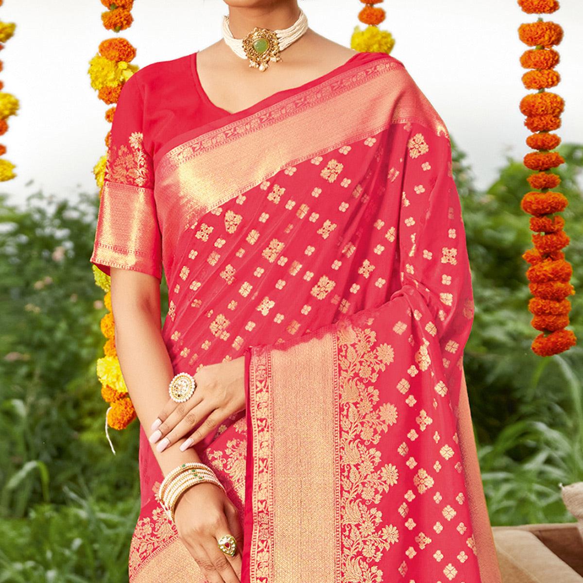 Peach Festive Wear Woven Silk Saree - Peachmode