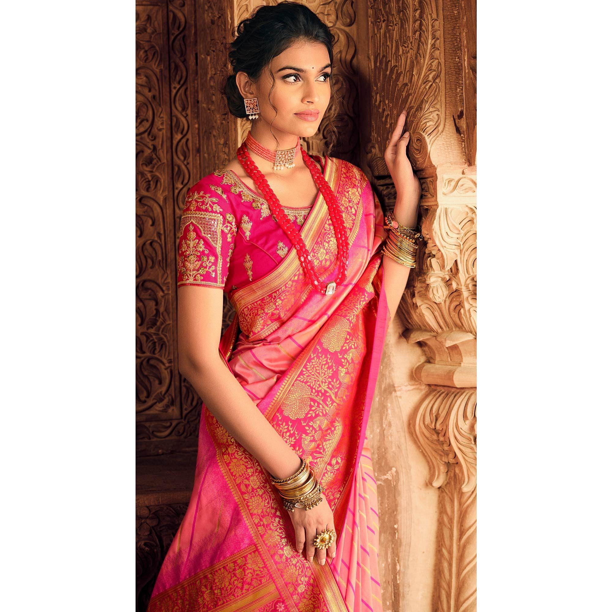 Peach Festive Wear Woven Silk Saree - Peachmode