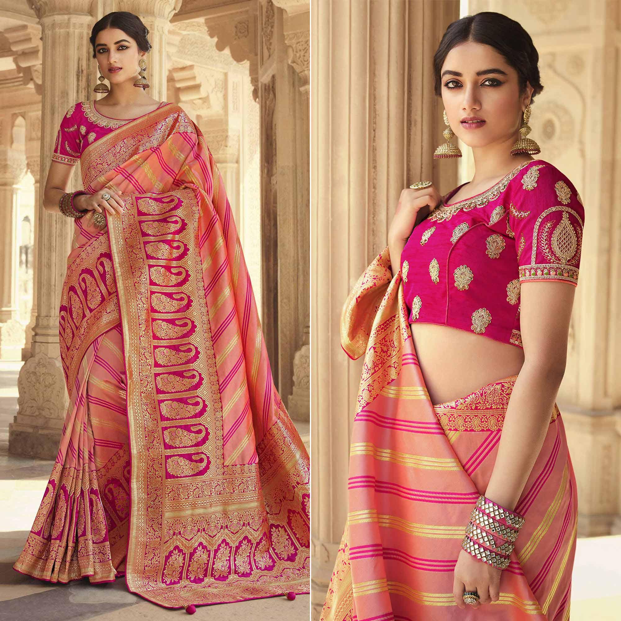 Peach Festive Wear Woven Silk Saree - Peachmode