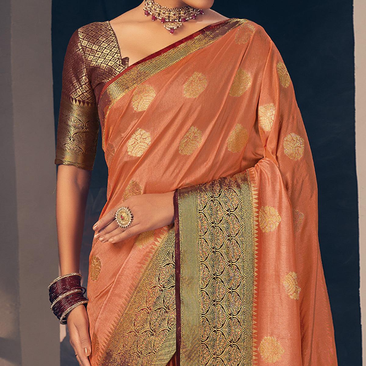 Peach Festive Wear Woven Silk Saree - Peachmode