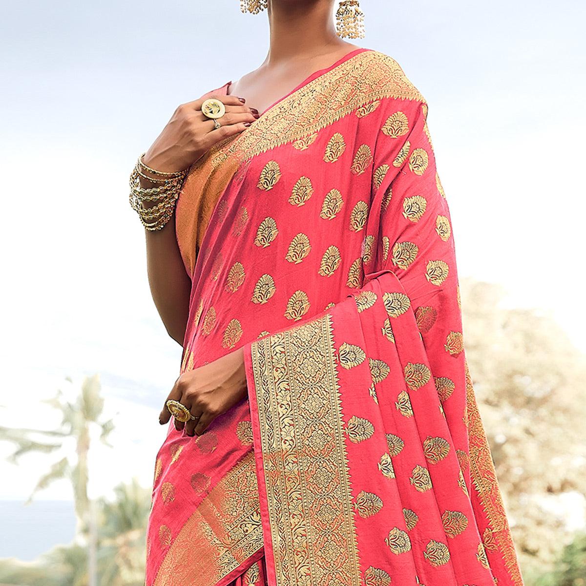 Peach Festive Wear Woven Silk Saree - Peachmode