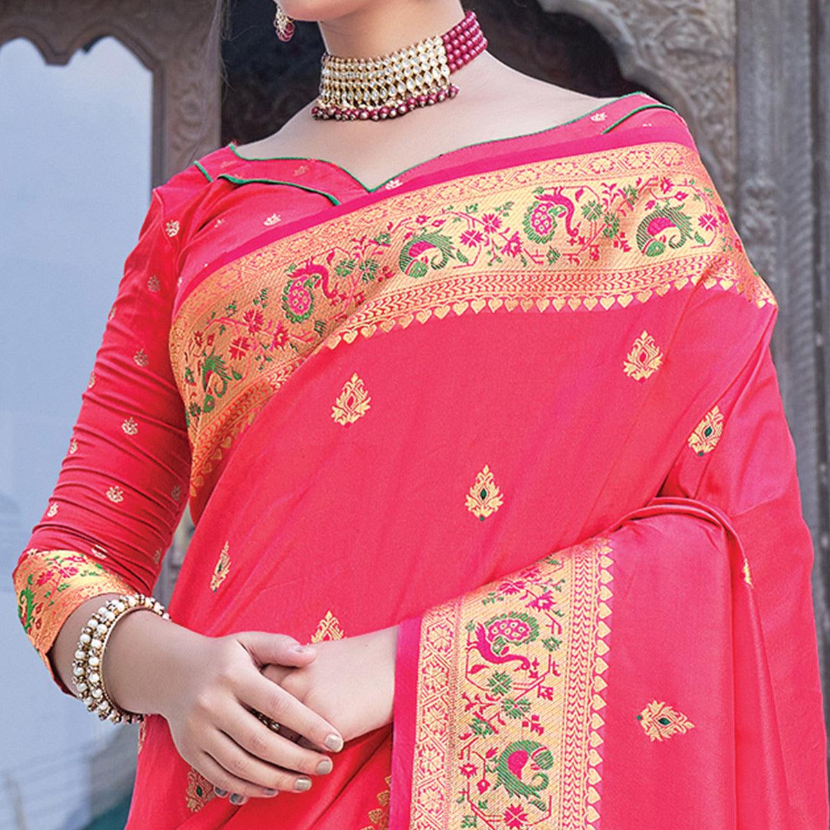 Peach Festive Wear Woven Silk Saree - Peachmode