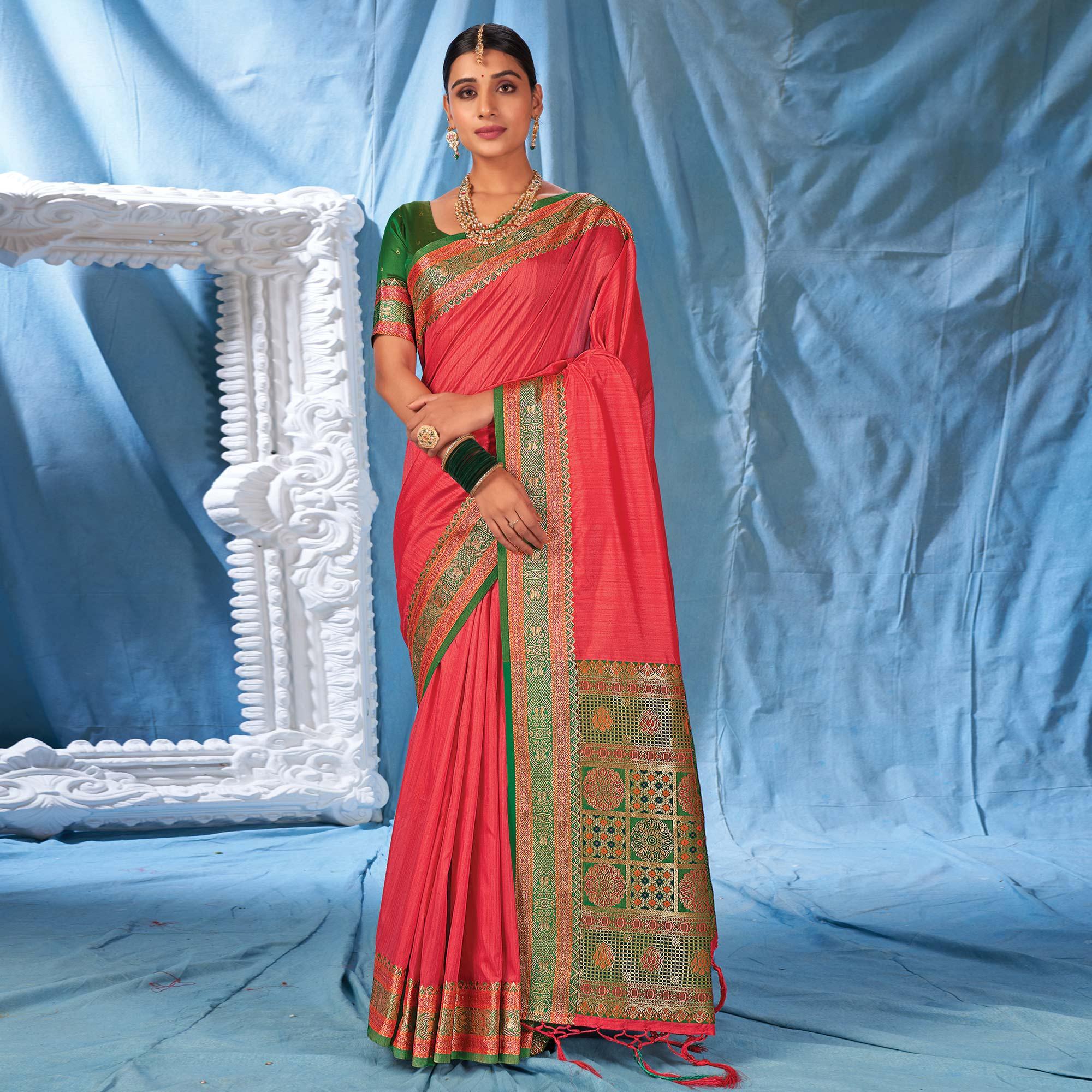 Peach Festive Wear Woven Silk Saree - Peachmode