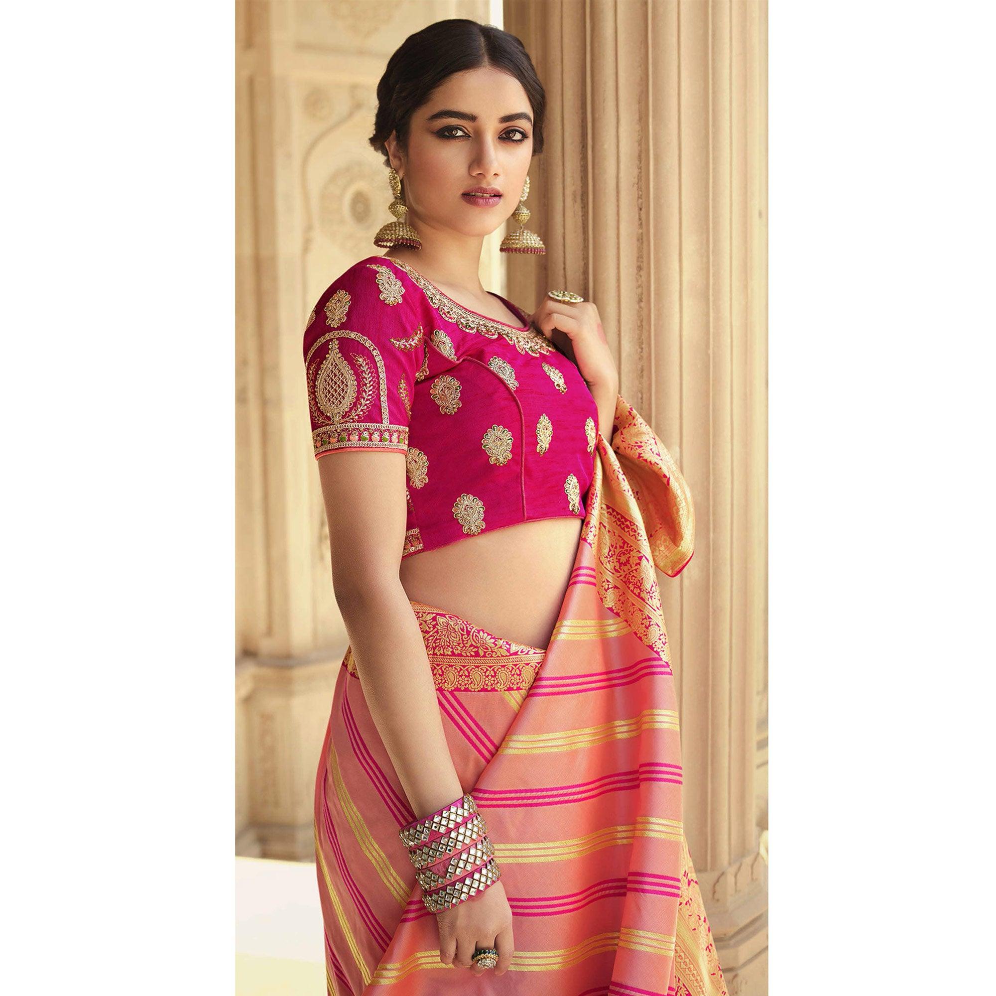 Peach Festive Wear Woven Silk Saree - Peachmode
