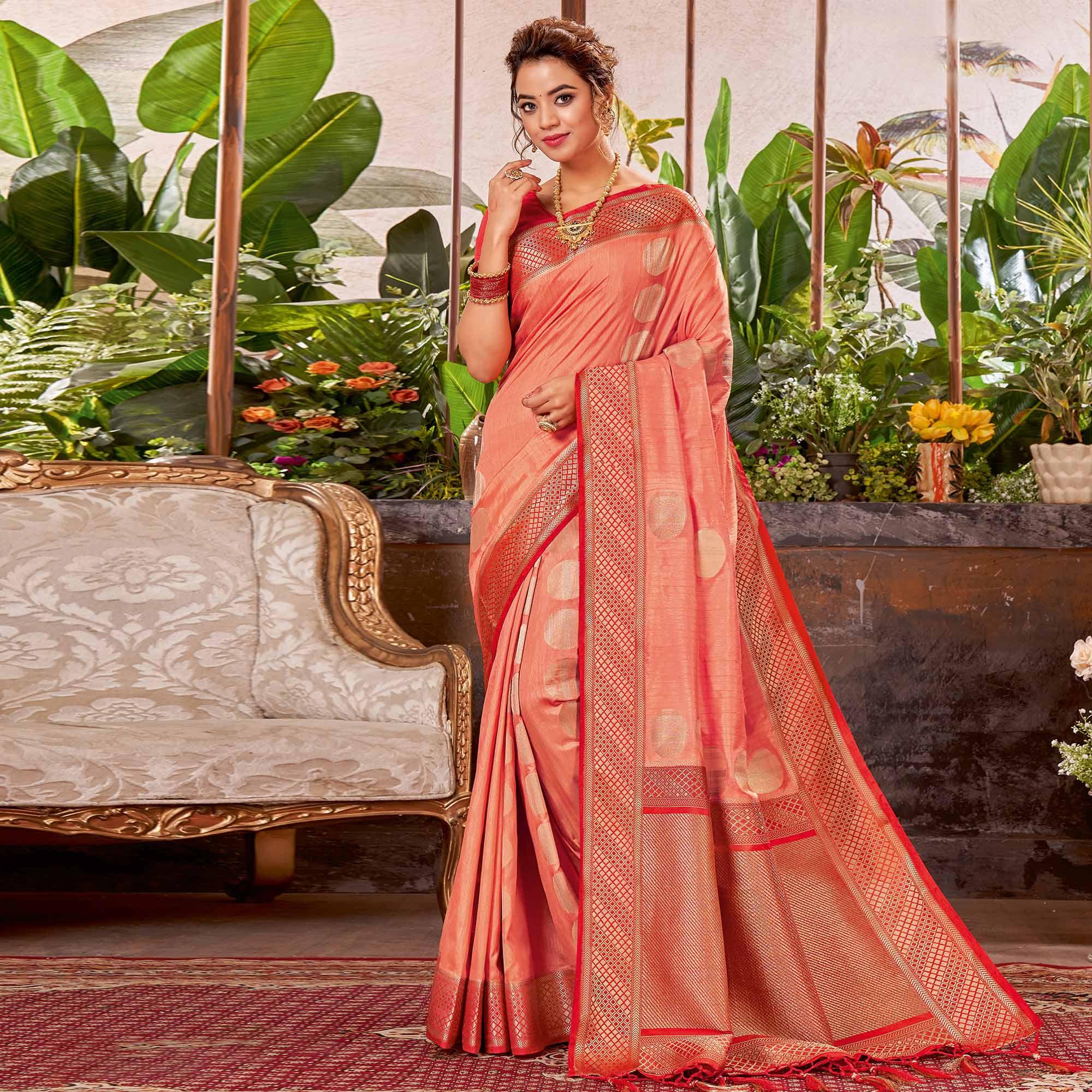 Peach Festive Wear Woven Silk Saree With Tassels - Peachmode