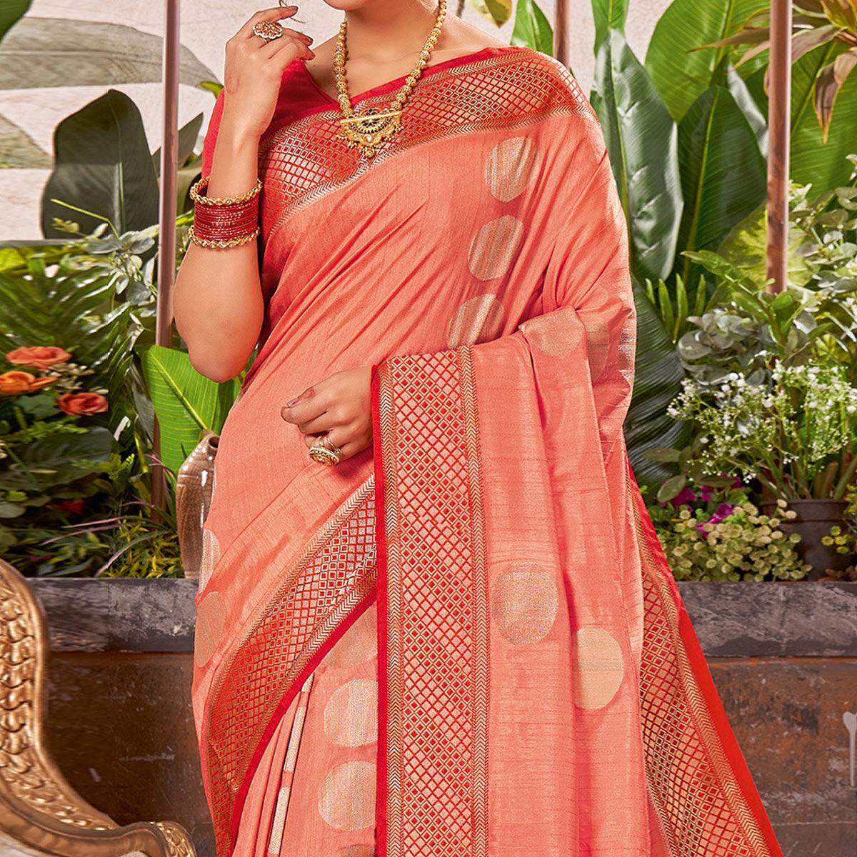 Peach Festive Wear Woven Silk Saree With Tassels - Peachmode