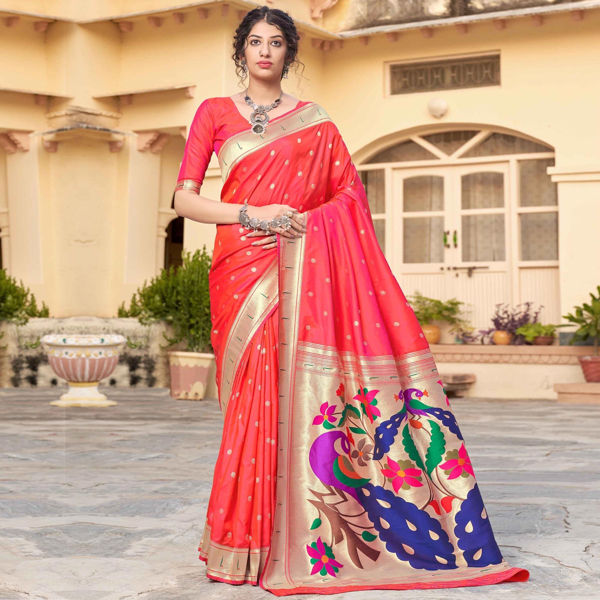 Peach Festive Wear Woven Soft Banarasi Silk Saree - Peachmode