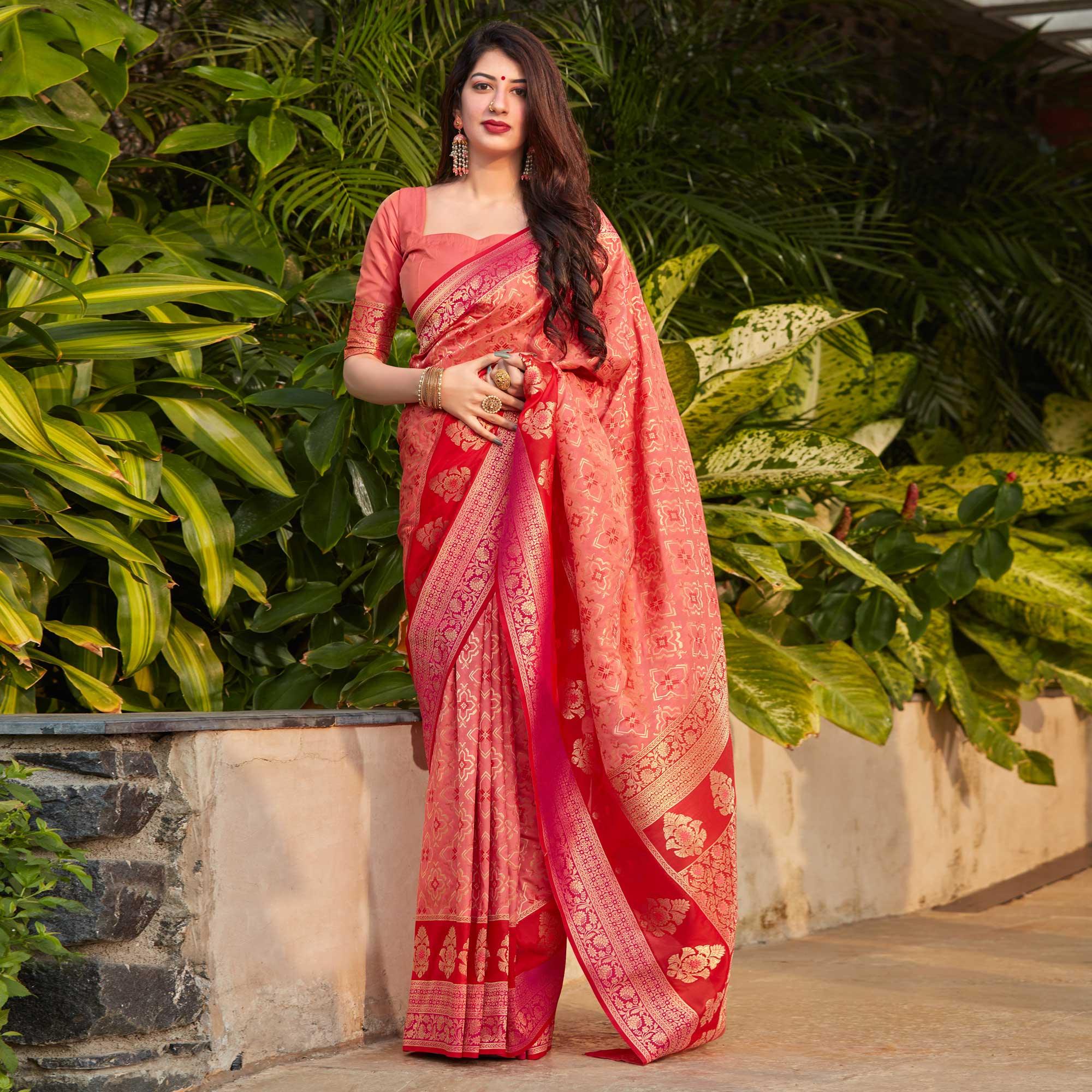Peach Festive Wear Woven Soft Banarasi Silk Saree - Peachmode