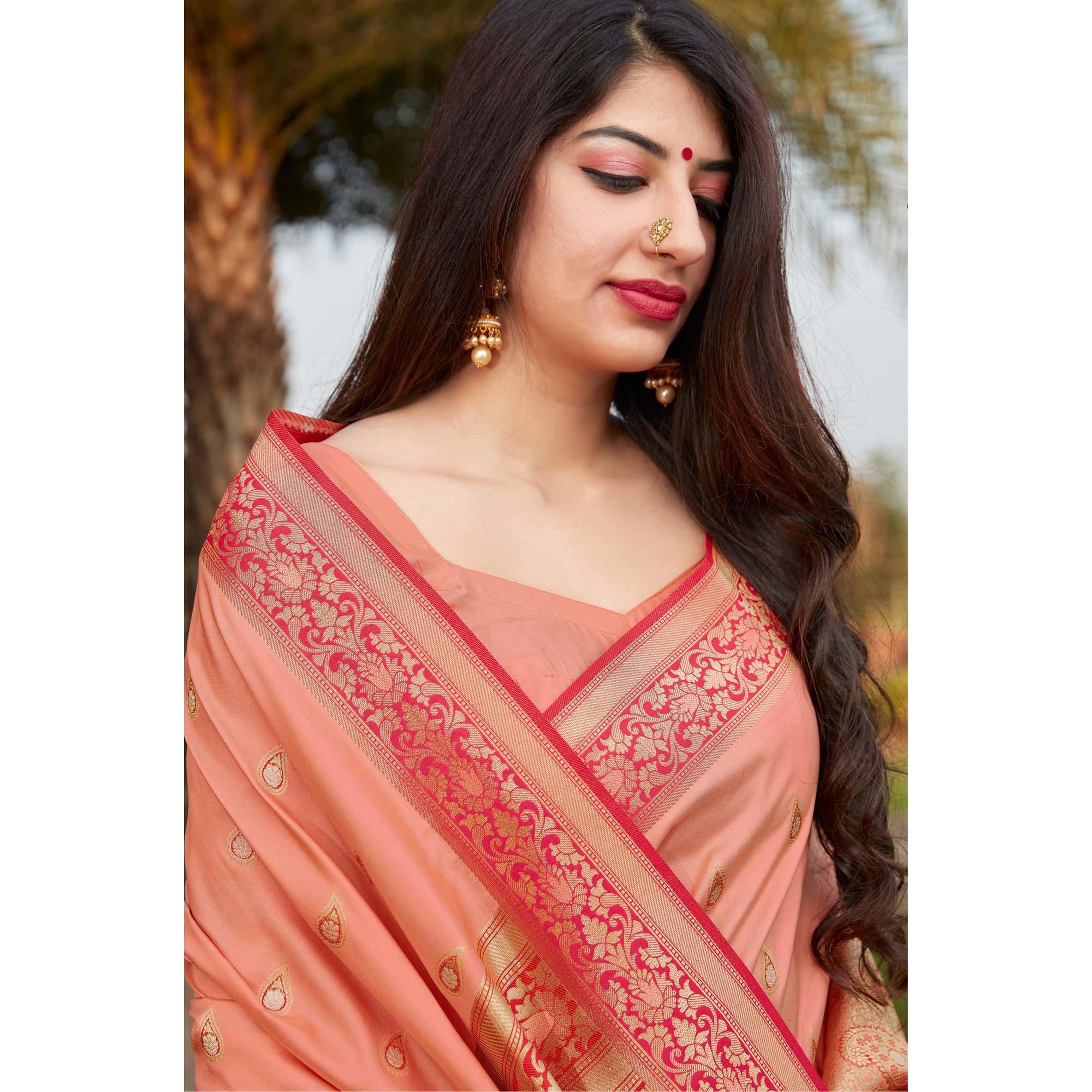 Peach Festive Wear Woven Soft Banarasi Silk Saree - Peachmode