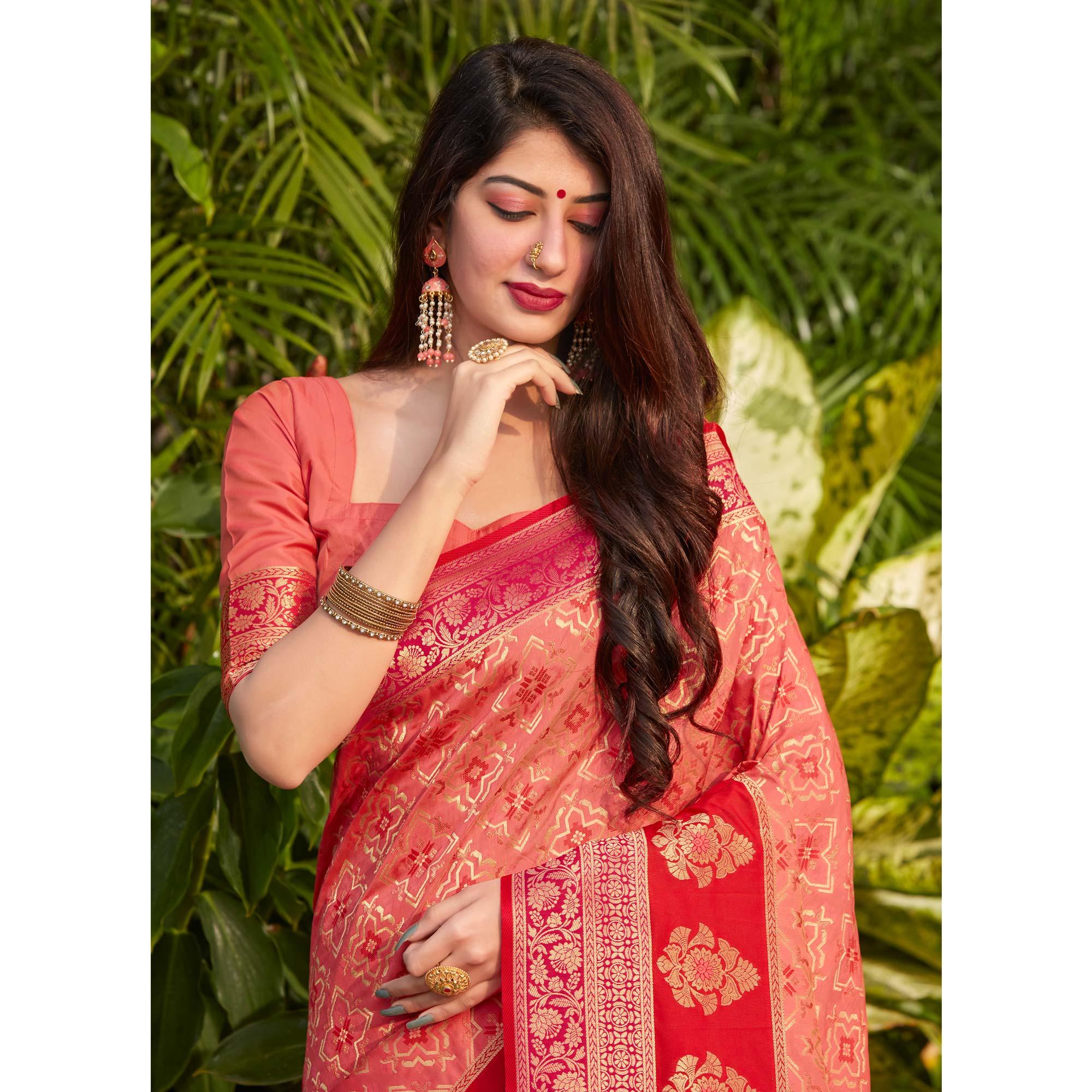 Peach Festive Wear Woven Soft Banarasi Silk Saree - Peachmode