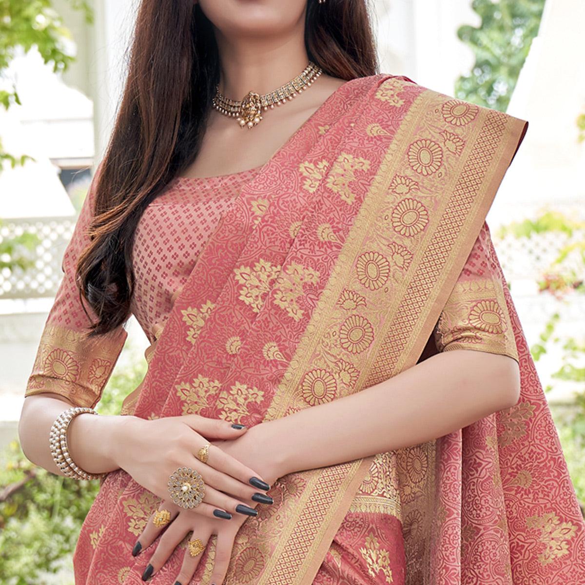 Peach Festive Wear Woven Soft Satin Silk Saree - Peachmode