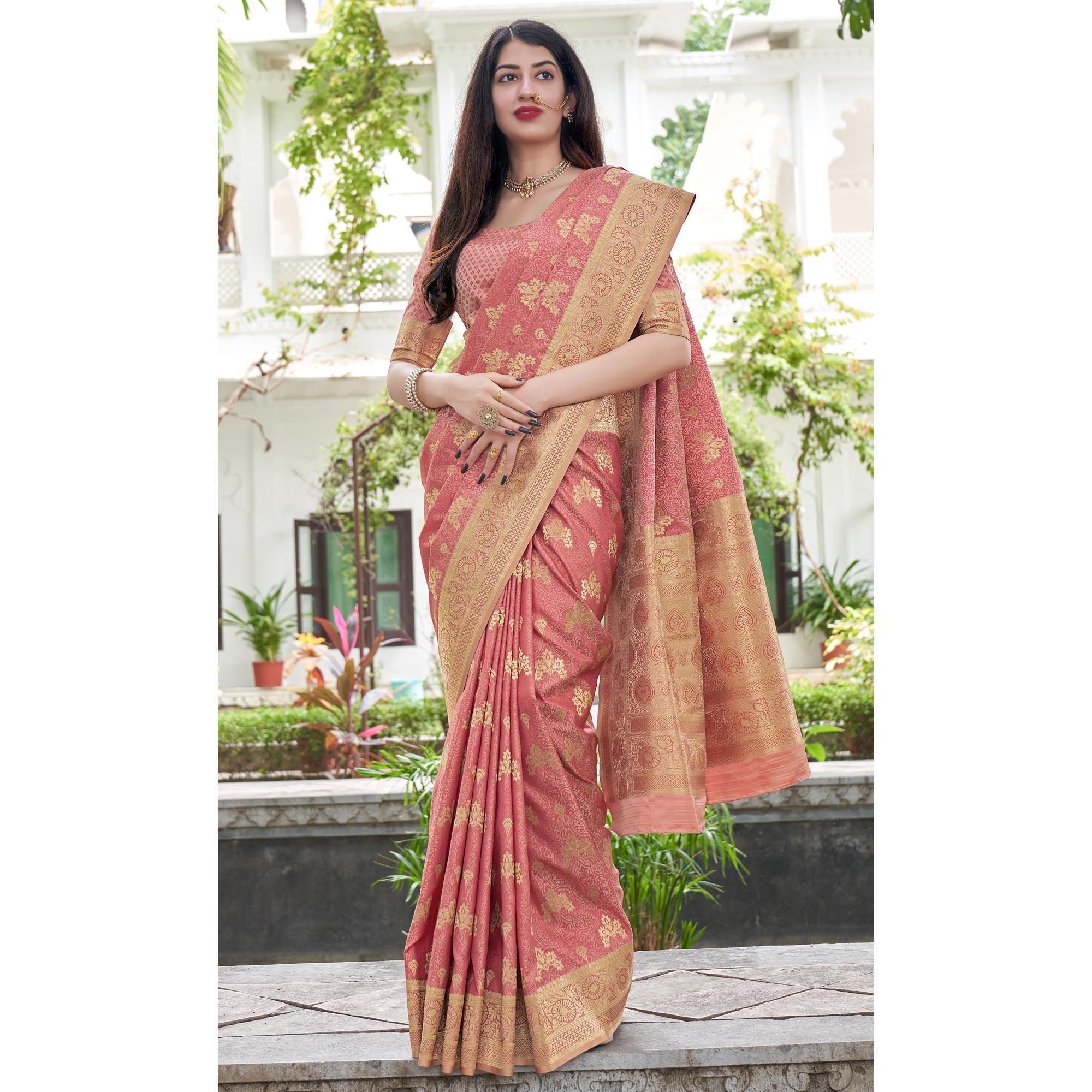 Peach Festive Wear Woven Soft Satin Silk Saree - Peachmode