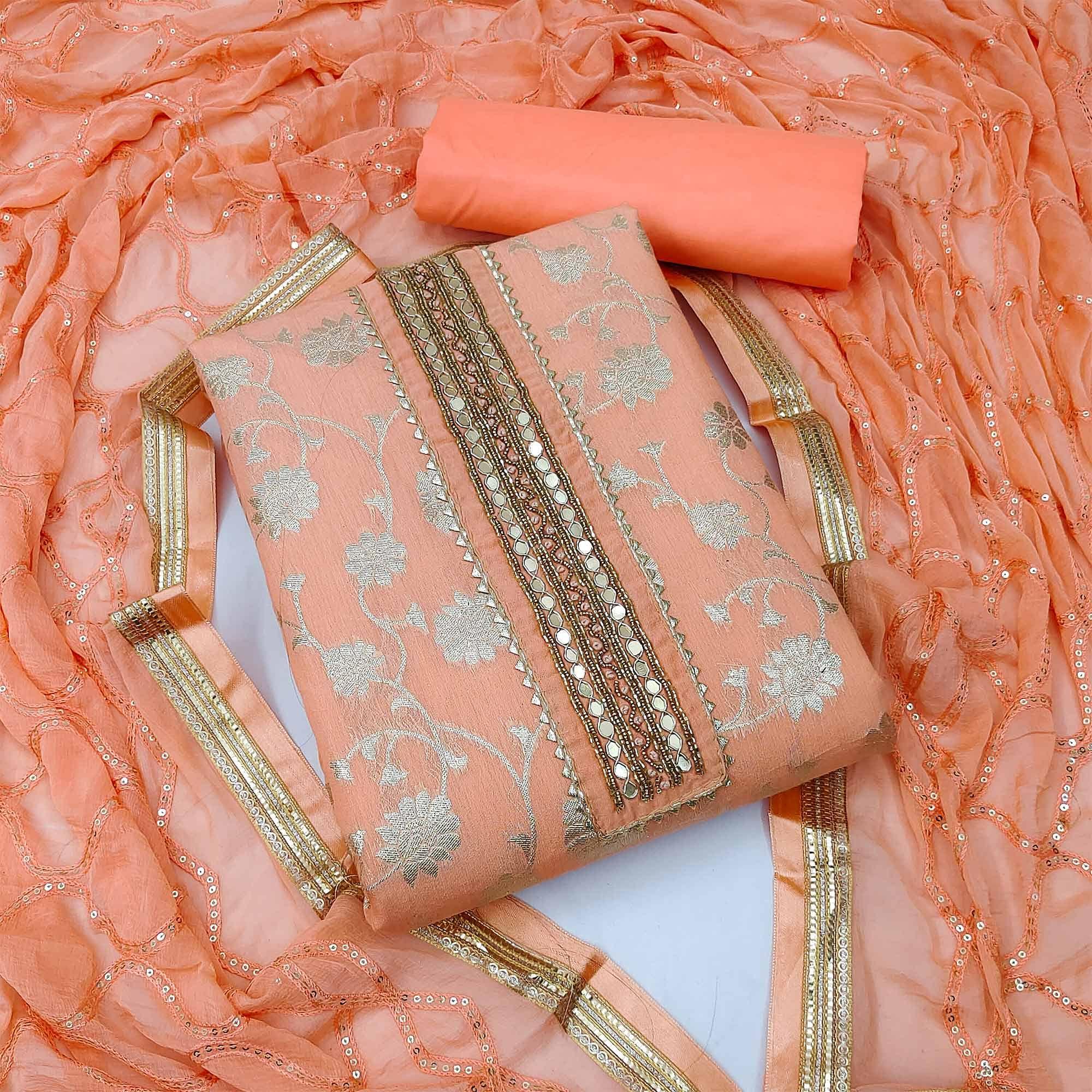 Peach Festive Wear Woven With Embellished Jacquard Dress Material - Peachmode