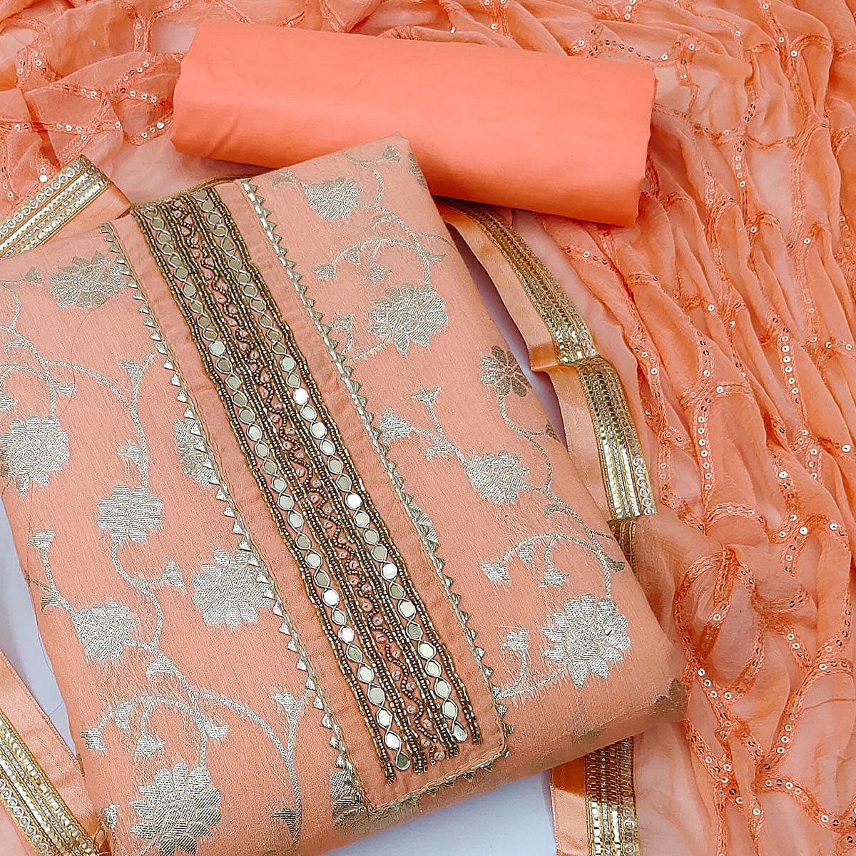 Peach Festive Wear Woven With Embellished Jacquard Dress Material - Peachmode