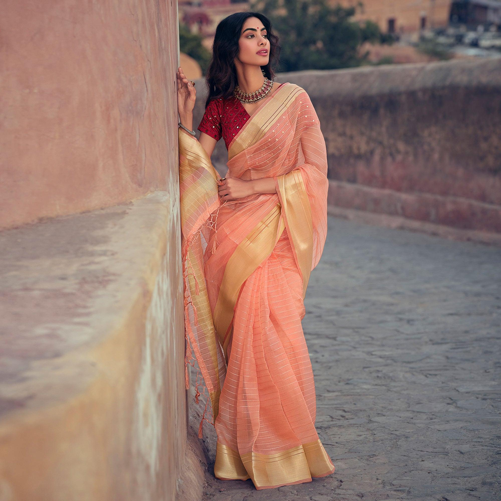 Peach Festive Wear Woven With Sequence Kora Silk Saree - Peachmode