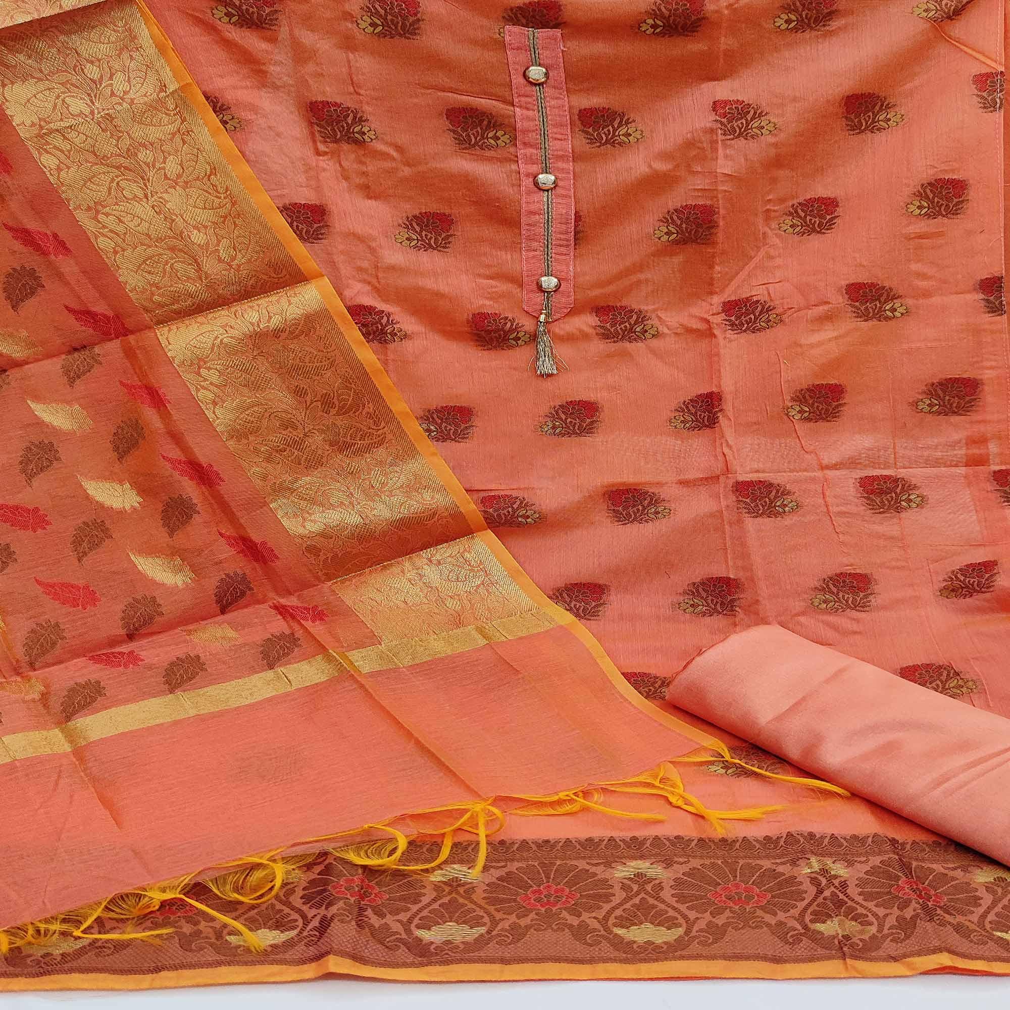 Peach Festive Wear Woven Work Banarasi Jacquard Dress Material - Peachmode