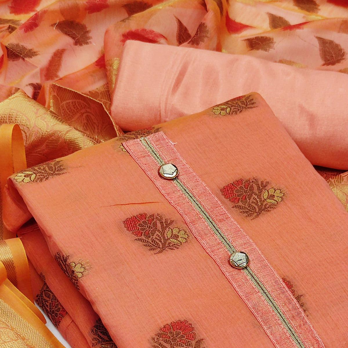 Peach Festive Wear Woven Work Banarasi Jacquard Dress Material - Peachmode
