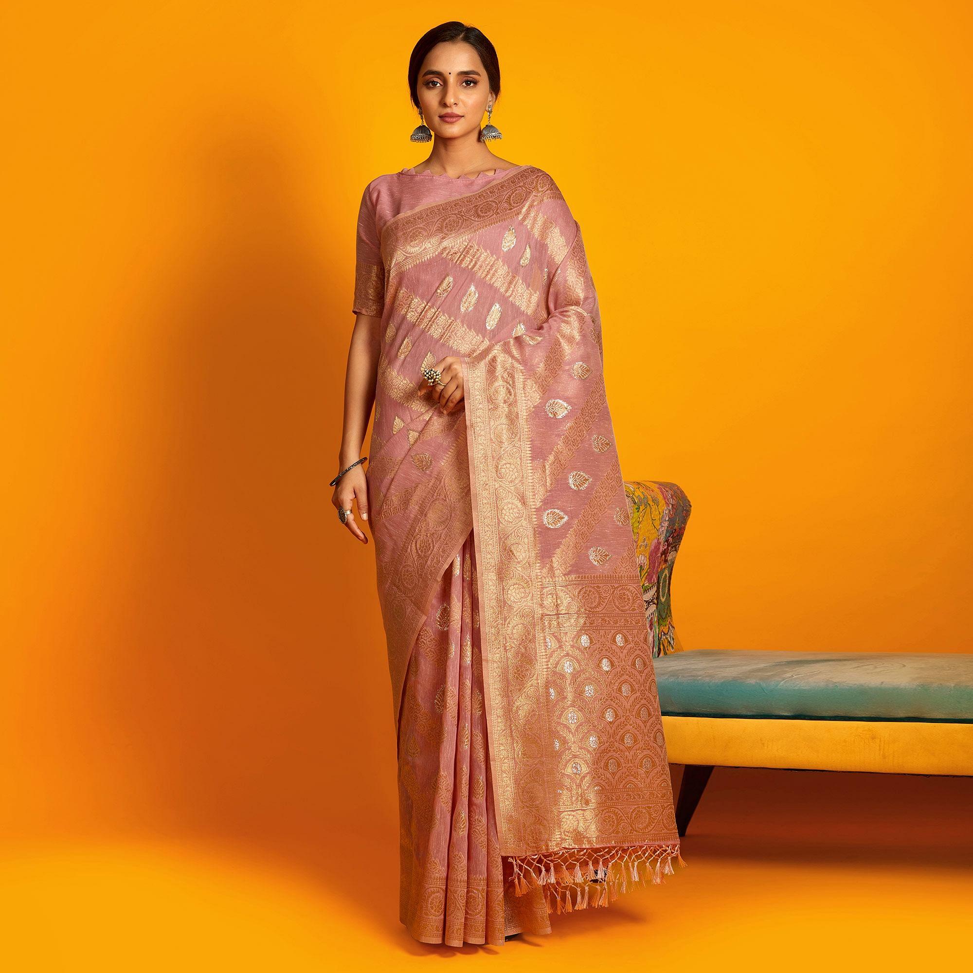Peach Festive Wear Zari Work Cotton Saree - Peachmode