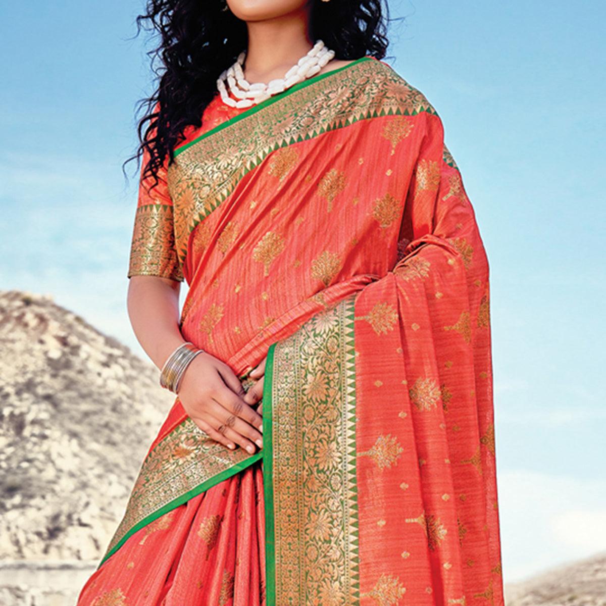 Peach Festive Wear Zari Woven Banarasi Silk Saree - Peachmode