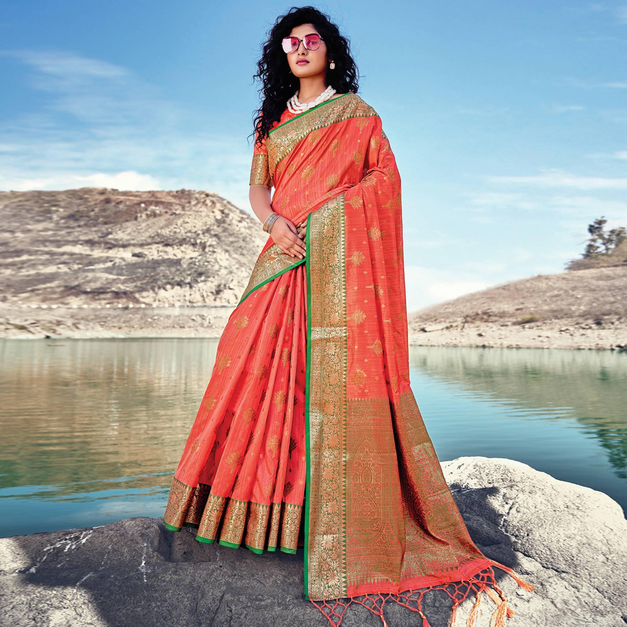 Peach Festive Wear Zari Woven Banarasi Silk Saree - Peachmode