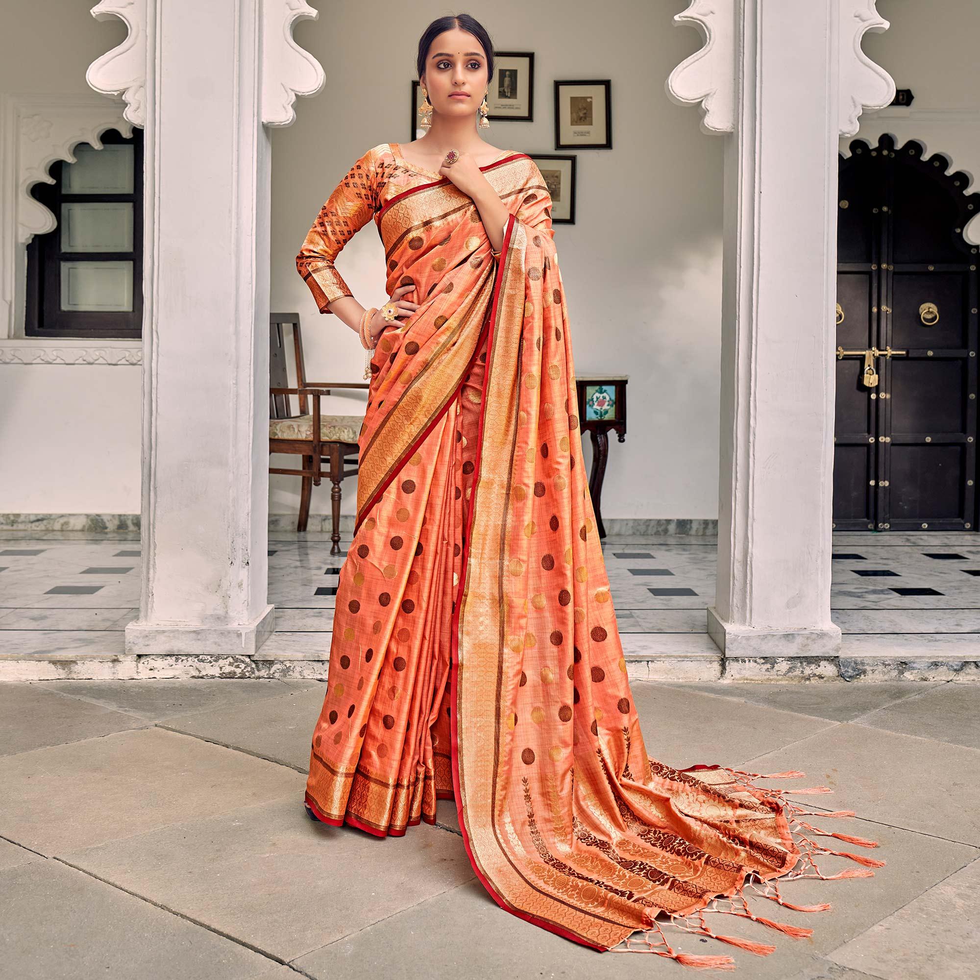 Peach Festive Wear Zari Woven Soft Ghichaa Silk Saree - Peachmode