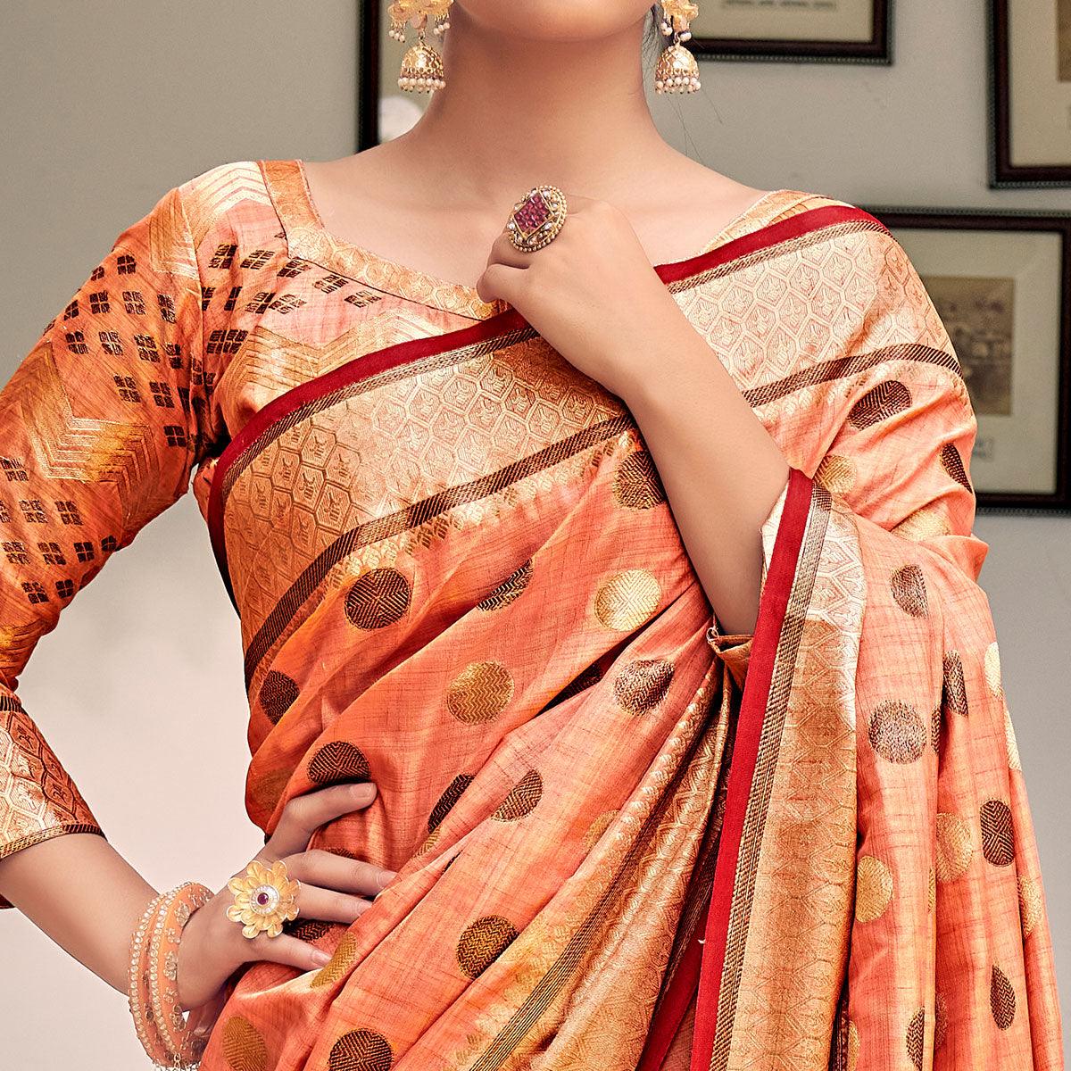 Peach Festive Wear Zari Woven Soft Ghichaa Silk Saree - Peachmode