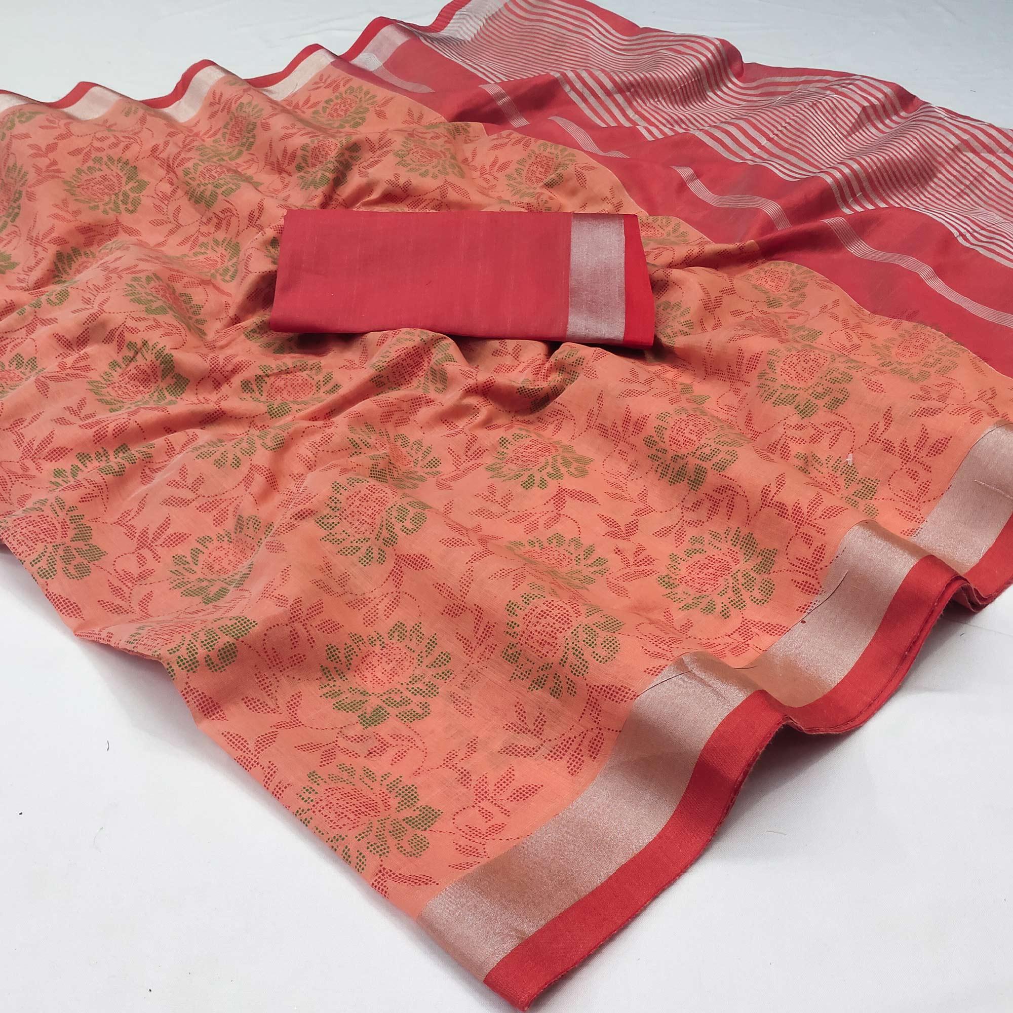 Peach Floral Block Printed Chanderi Saree - Peachmode