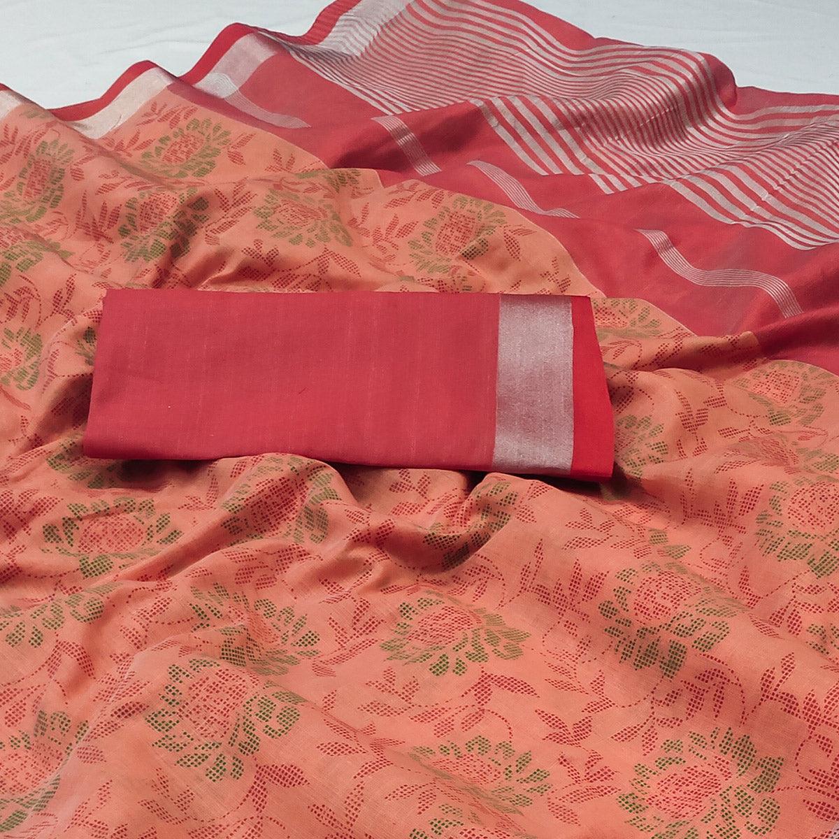 Peach Floral Block Printed Chanderi Saree - Peachmode