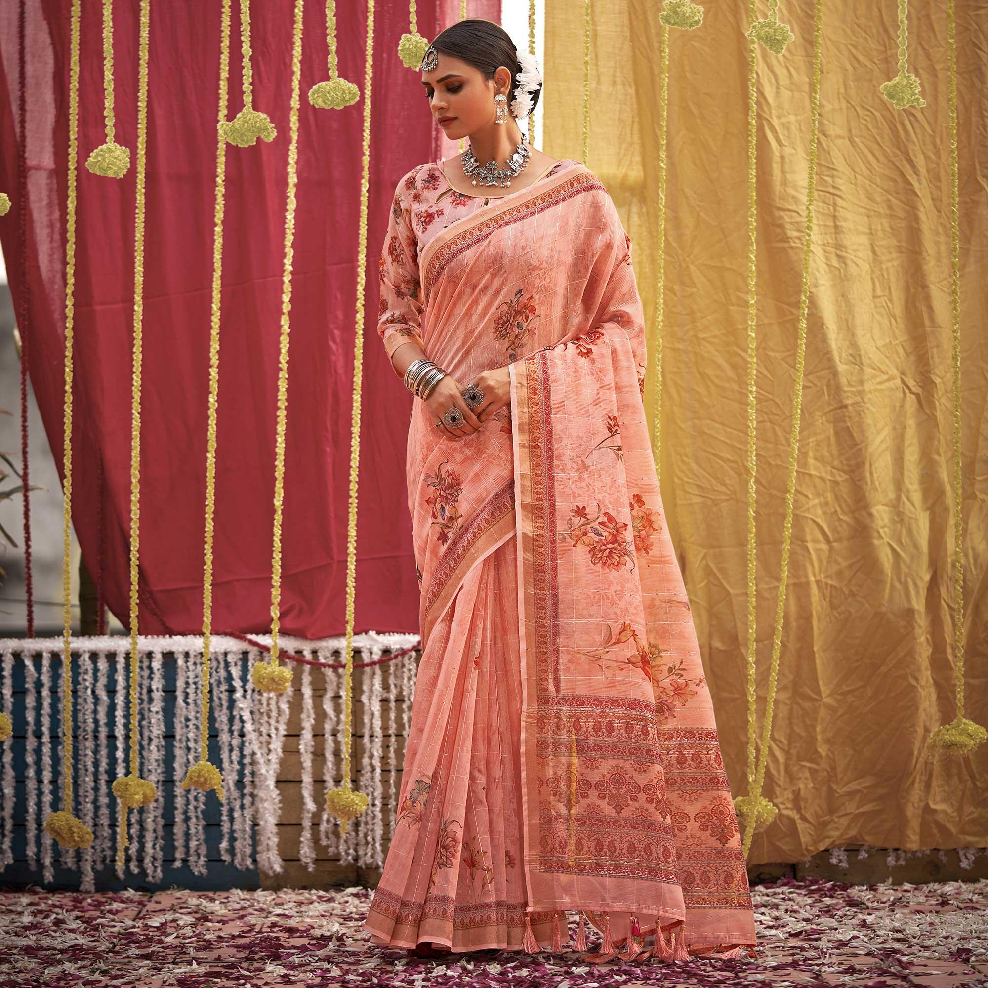 Peach Floral Digital Printed Linen Saree With Tassels - Peachmode