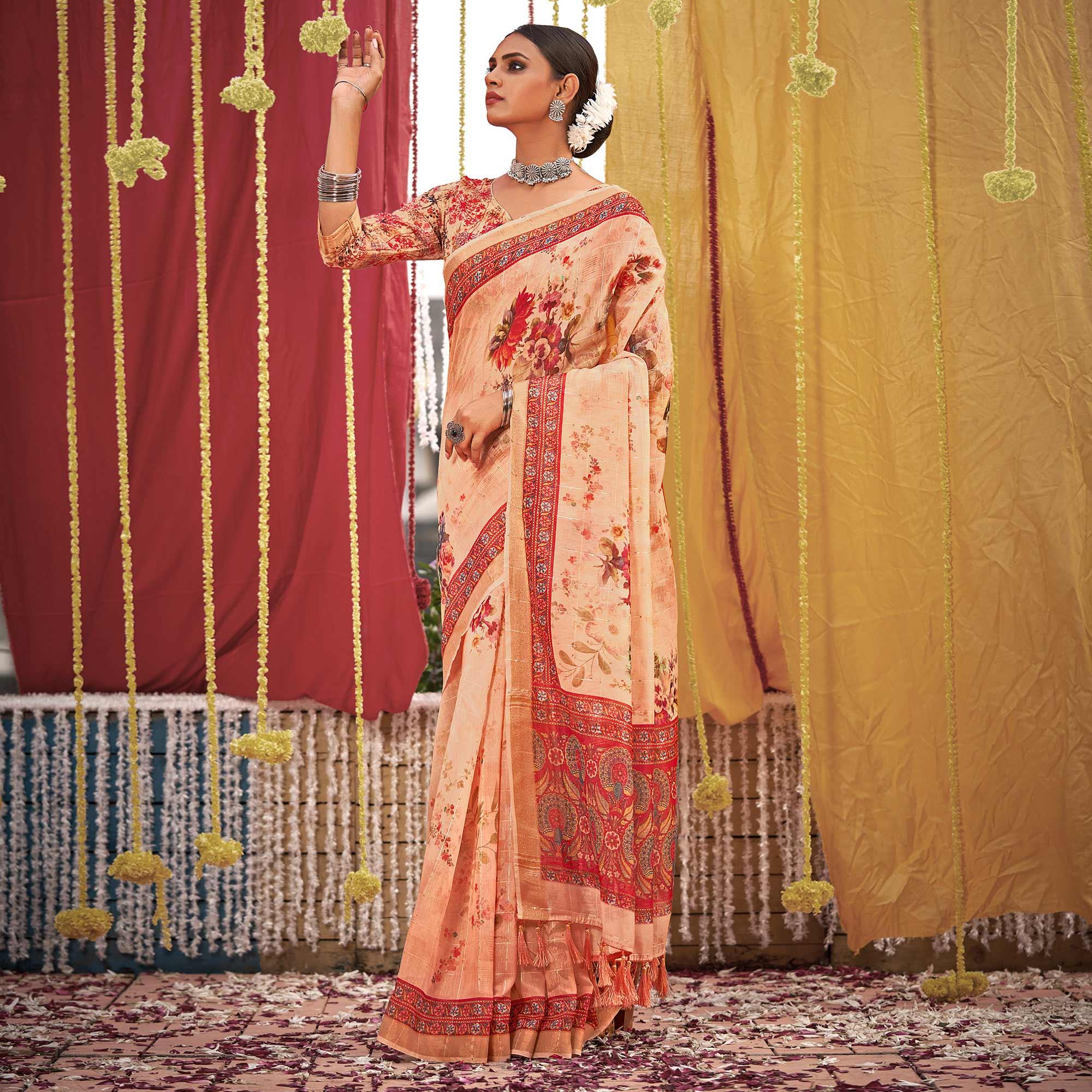 Peach Floral Digital Printed Linen Saree With Tassels - Peachmode